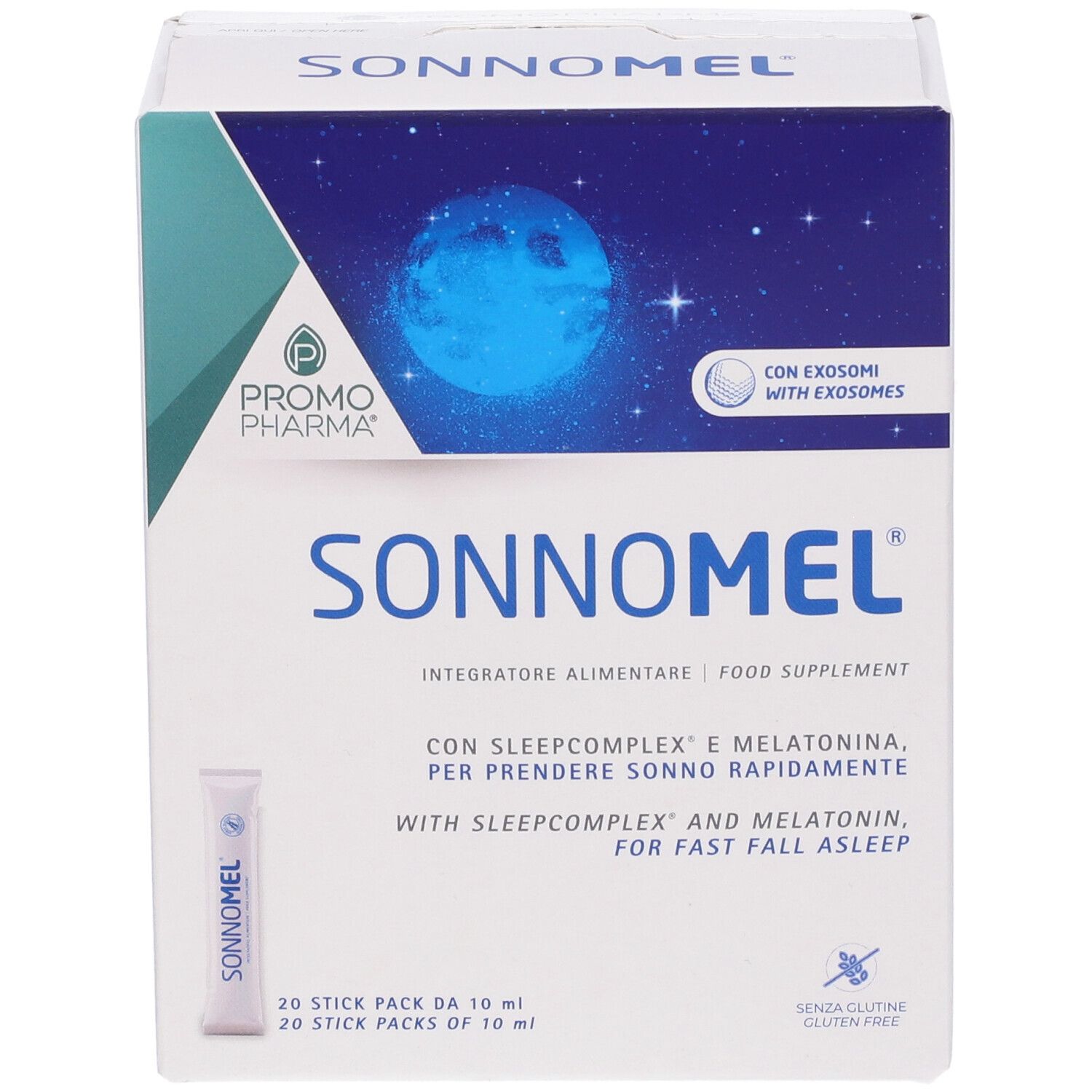Scatola Sonnomel. Contiene 20 stick pack. Logo Promo Pharma. Testo: Integratore Alimentare, Food Supplement.