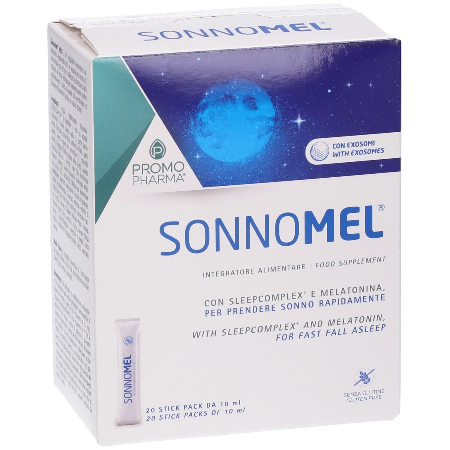 Scatola Sonnomel. Contiene 20 stick pack. Logo Promo Pharma. Testo: Integratore Alimentare, Food Supplement.