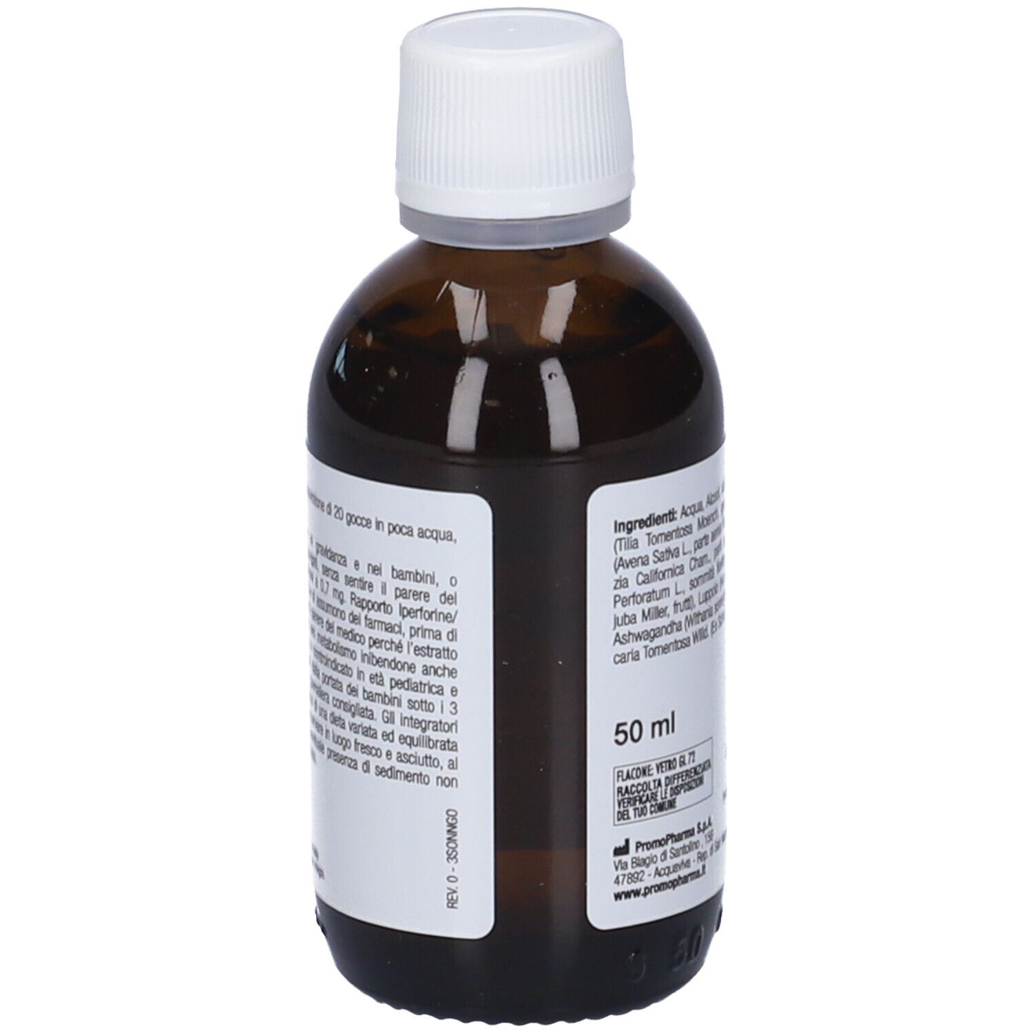 Retro di un flacone di vetro marrone con tappo bianco. Etichetta con informazioni e testo in italiano.