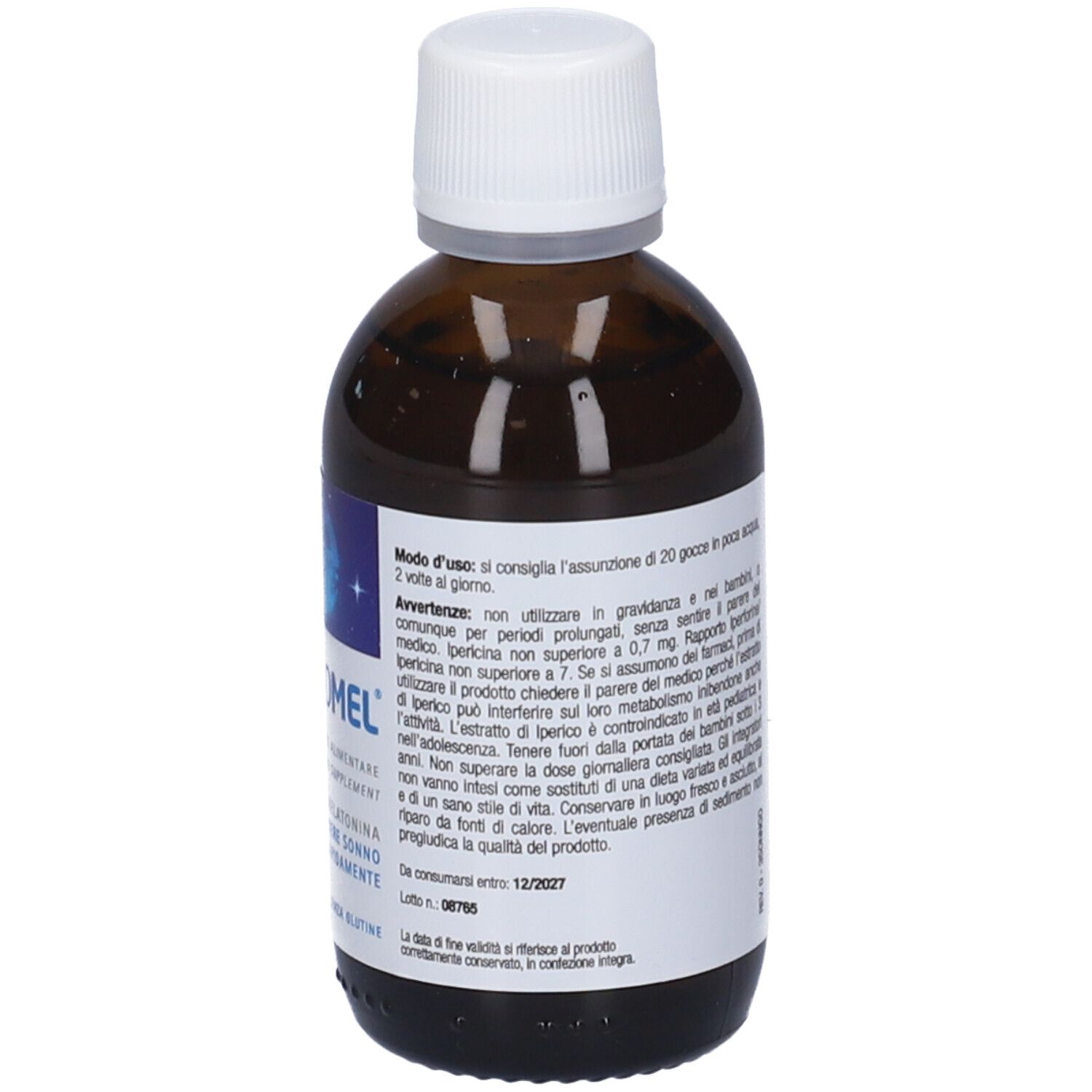 Retro di un flacone di vetro marrone con tappo bianco. Etichetta con informazioni e testo in italiano.