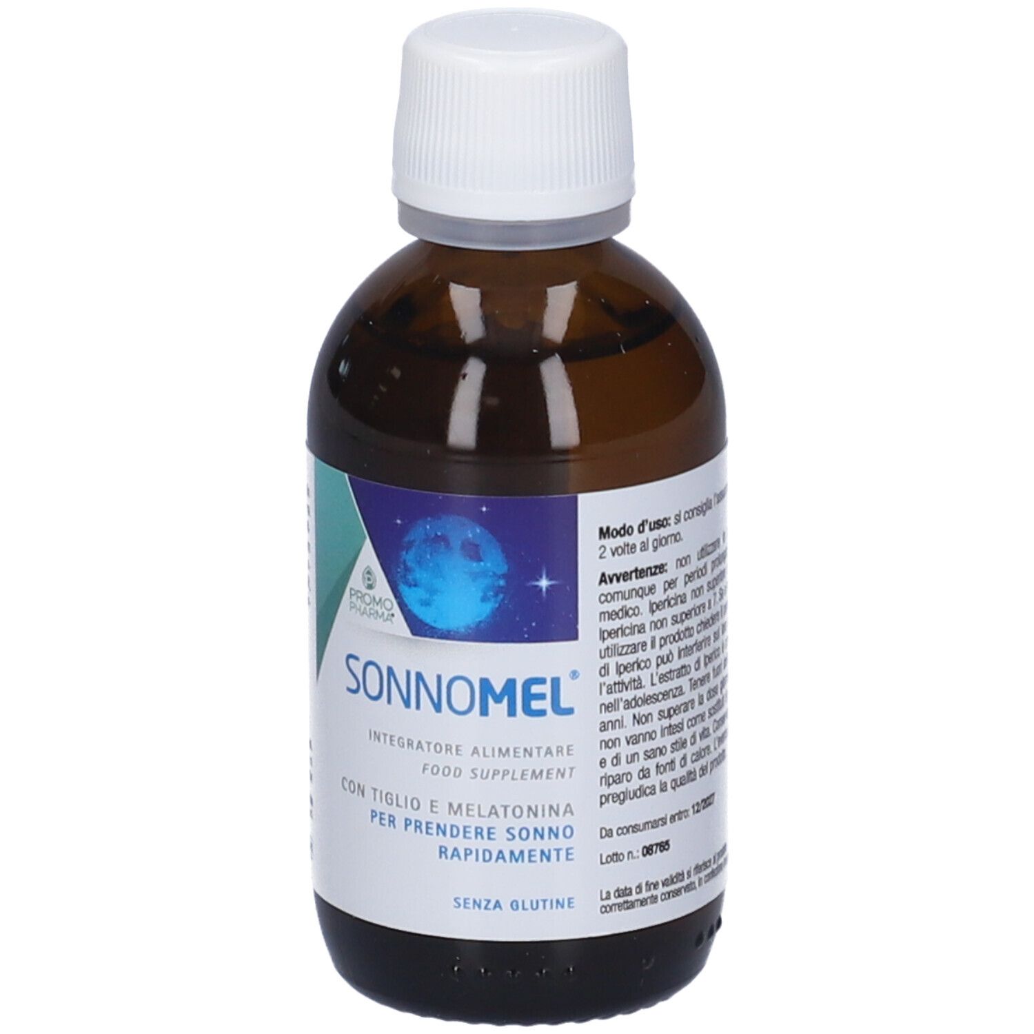 Flacone di vetro marrone con tappo bianco. Etichetta con nome del prodotto, design lunare e testo in italiano.