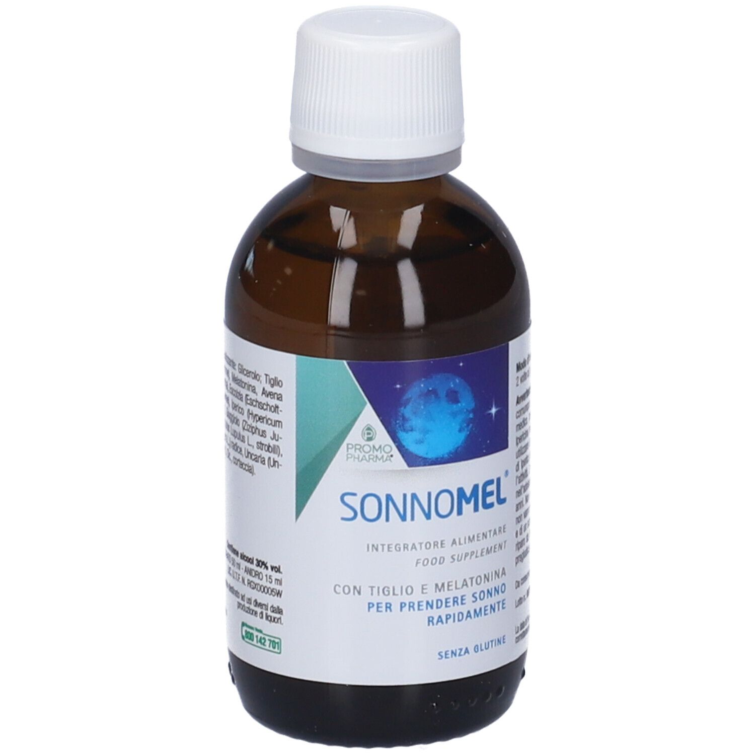 Flacone di vetro marrone con tappo bianco. Etichetta con nome del prodotto, design lunare e testo in italiano.