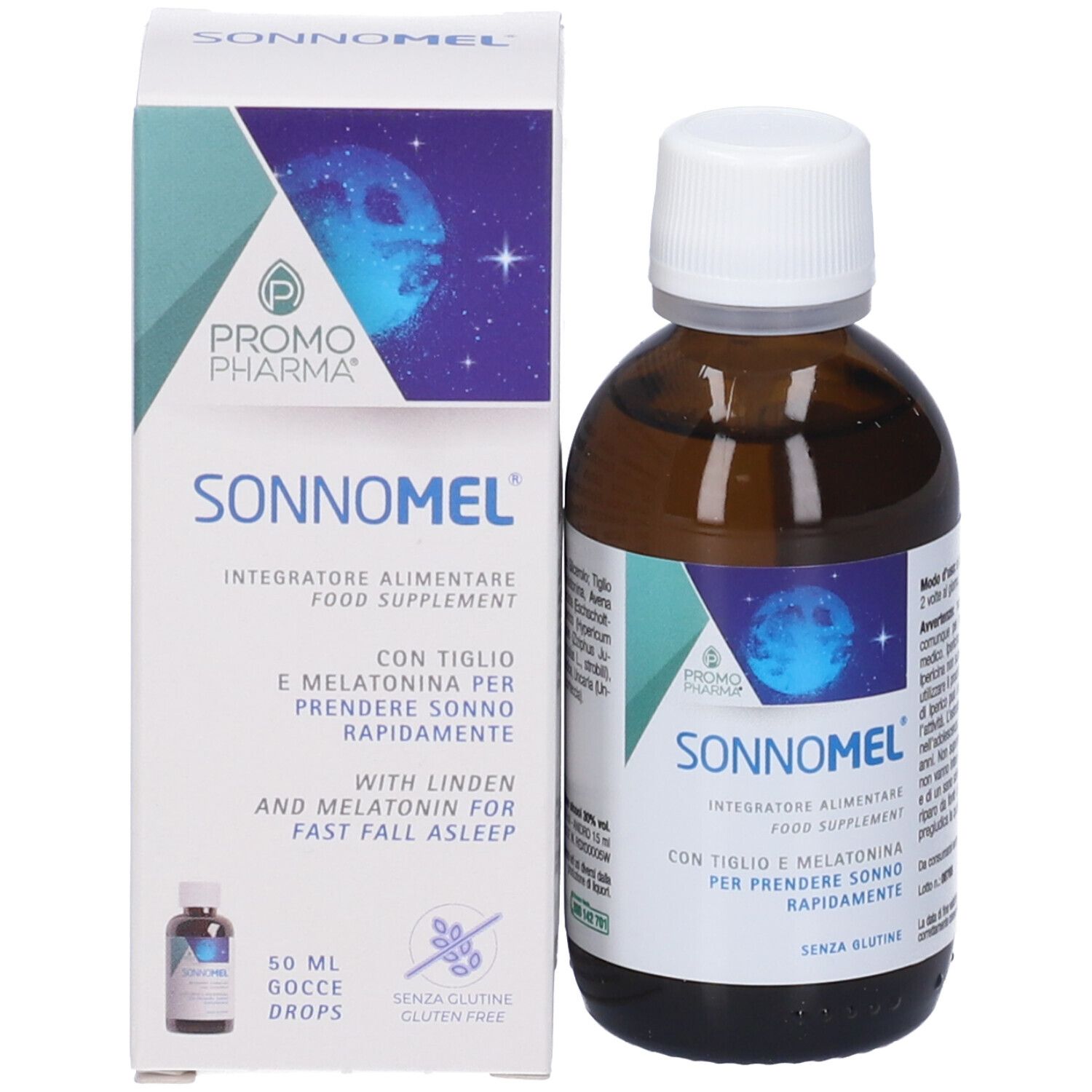 Flacone e confezione del prodotto. Scatola bianca con nome del prodotto, design lunare e testo in italiano.