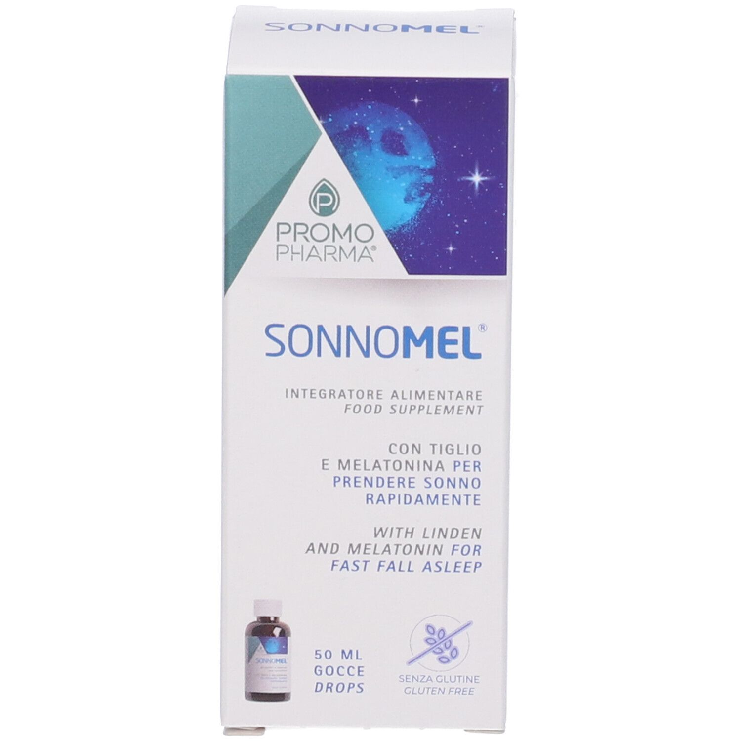 Scatola bianca con nome del prodotto, design lunare e testo in italiano. Bottiglia piccola raffigurata.