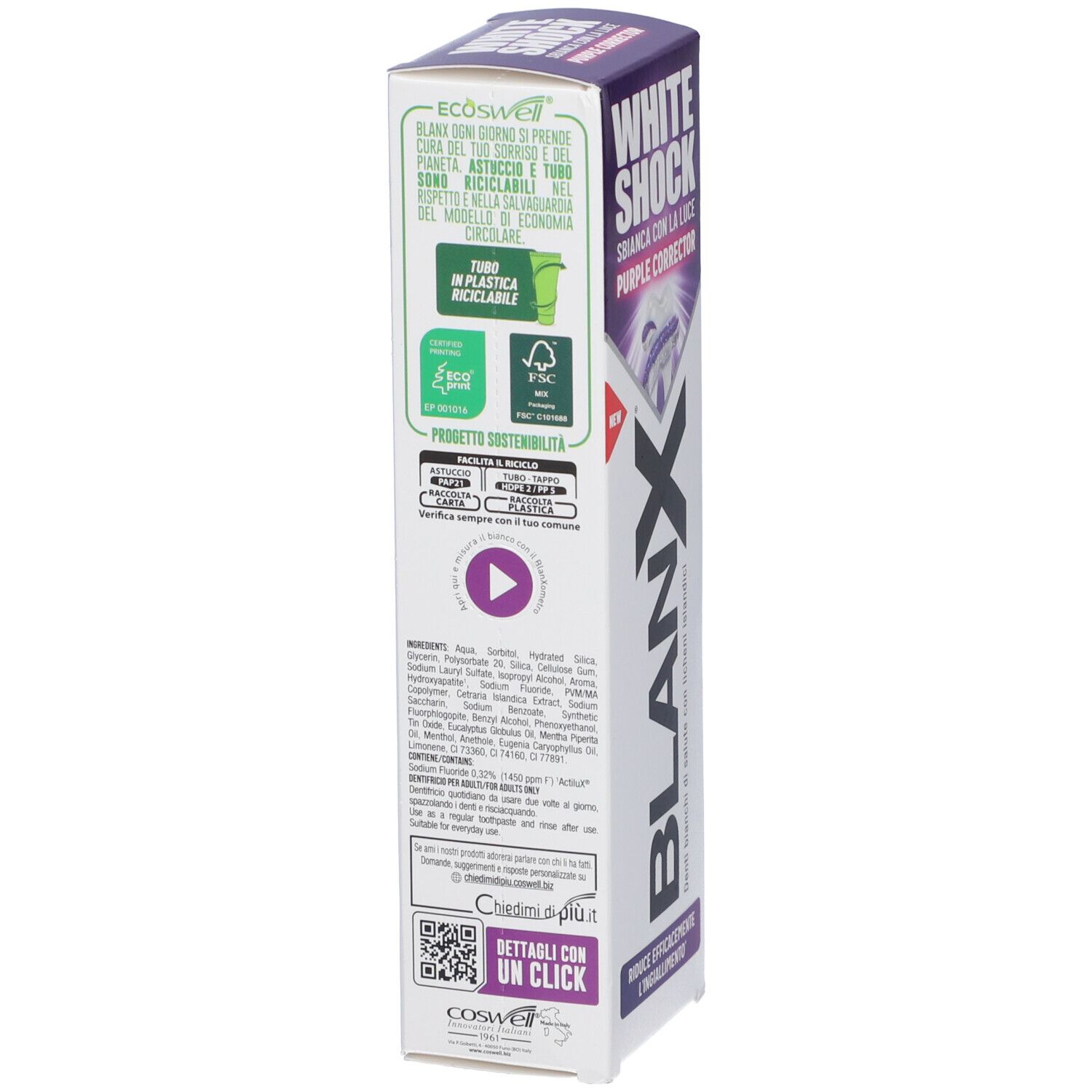 Retro della confezione del dentifricio. Testo: BLANX, WHITE SHOCK. Informazioni sugli ingredienti e sostenibilità. Simboli di riciclaggio.