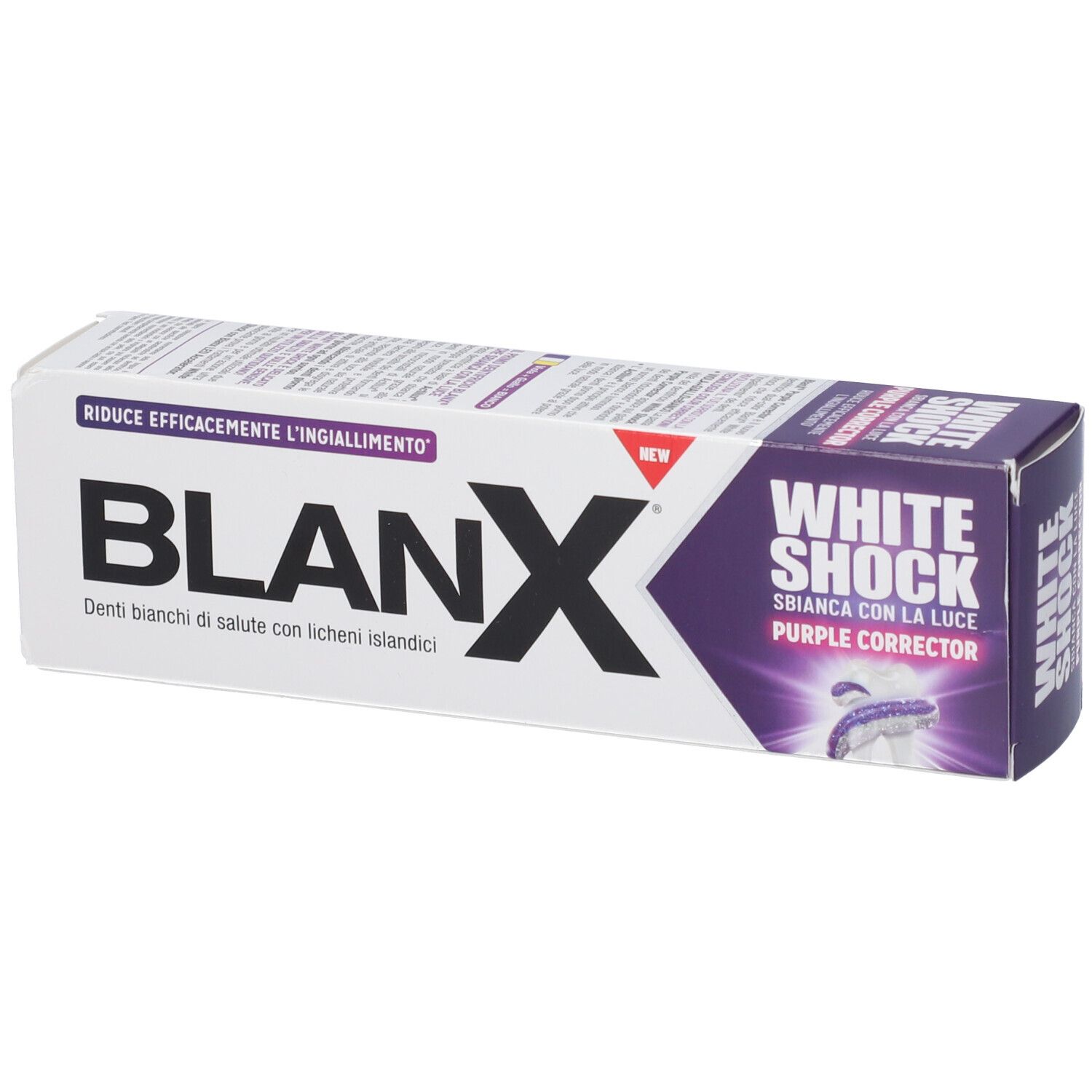 Confezione di dentifricio. Bianco, viola e nero. Testo: BLANX, WHITE SHOCK, Purple Corrector. Riduce efficacemente l'ingiallimento.