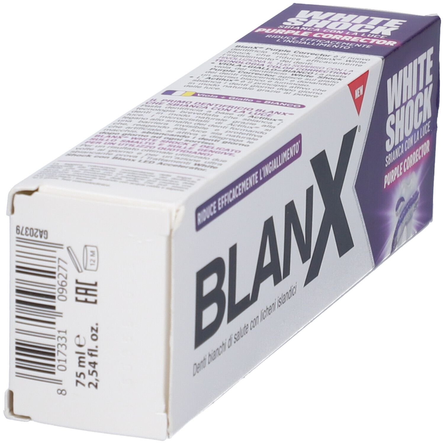 Confezione di dentifricio. Bianco, viola e nero. Testo: BLANX, WHITE SHOCK, Purple Corrector. Volume: 75 ml.