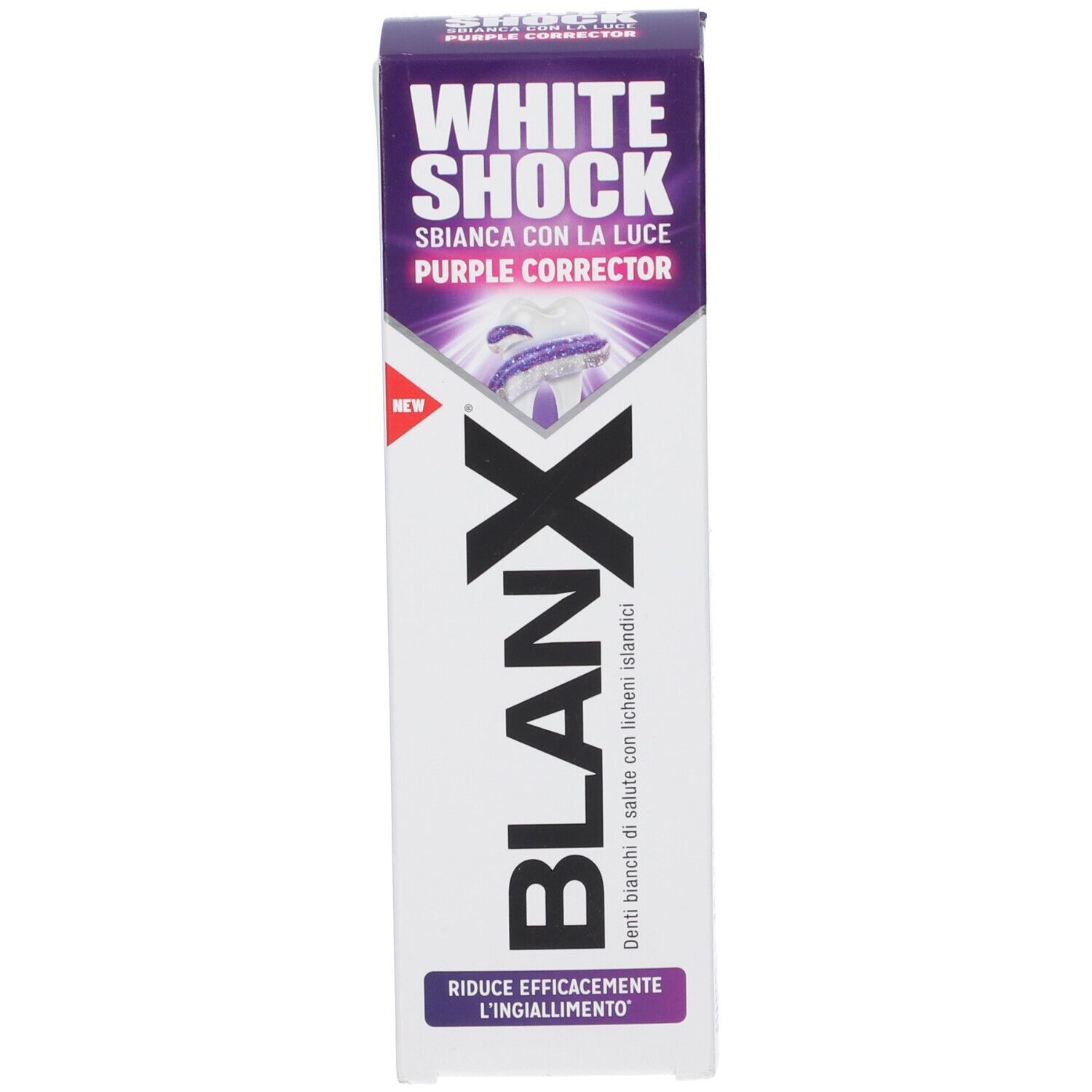 Confezione di dentifricio. Bianco, viola e nero. Testo: BLANX, WHITE SHOCK, Purple Corrector. Riduce efficacemente l'ingiallimento.