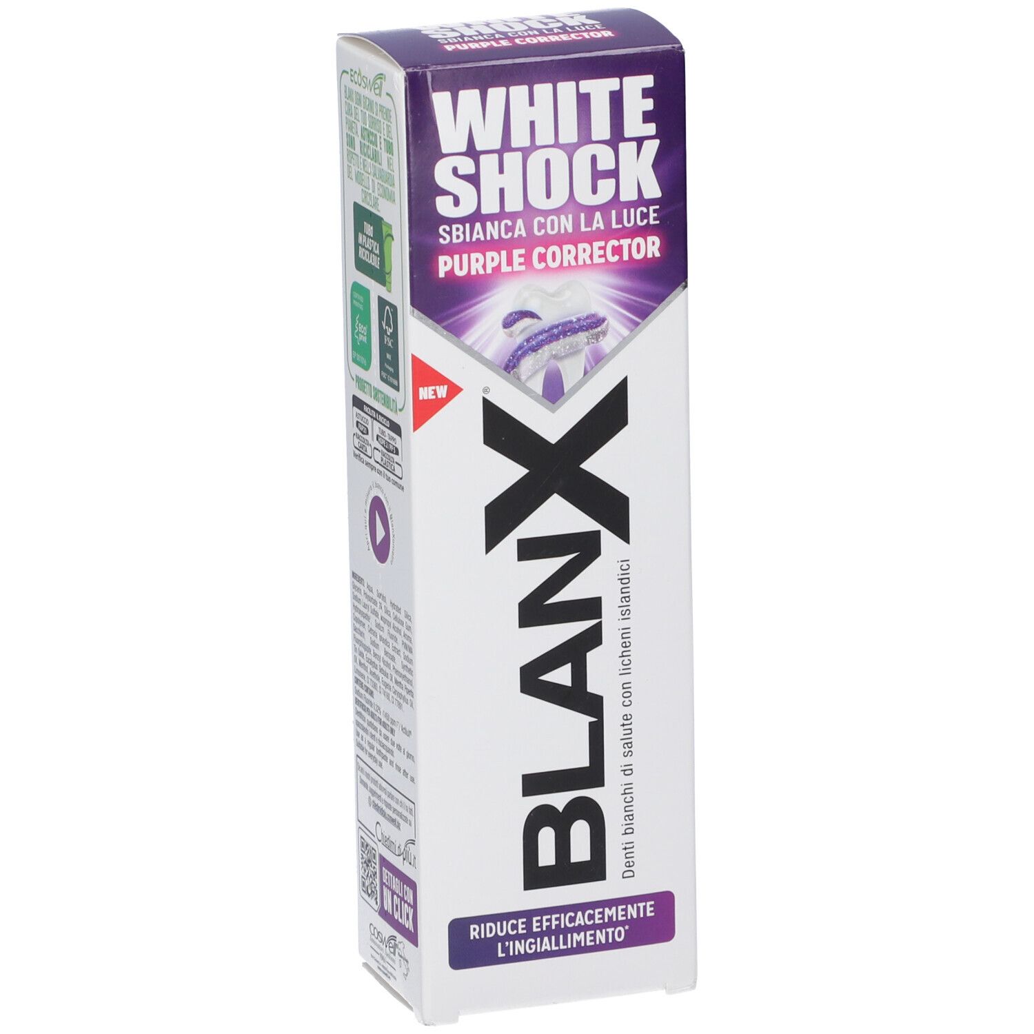 Confezione di dentifricio. Bianco, viola e nero. Testo: BLANX, WHITE SHOCK, Purple Corrector. Riduce efficacemente l'ingiallimento.