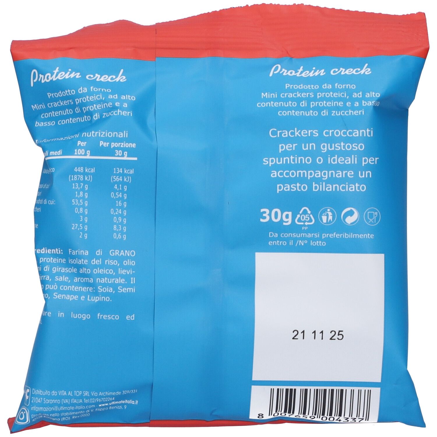 Retro della confezione con testo e informazioni nutrizionali. Scadenza: 21 11 25.