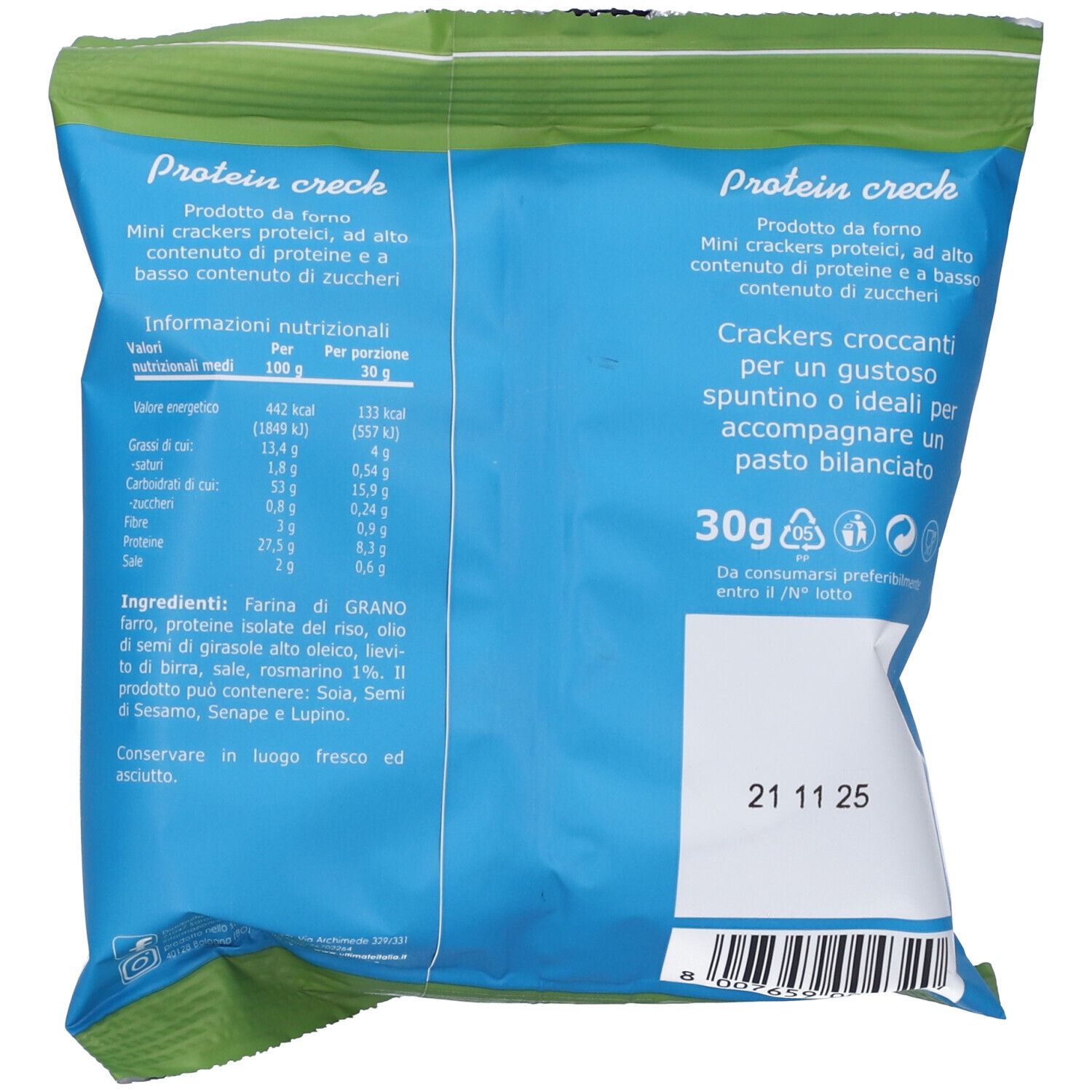 Retro della confezione. Testo con informazioni nutrizionali e lista ingredienti. Scadenza: 21 11 25.