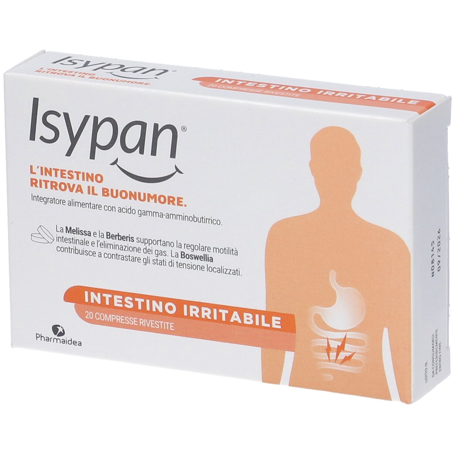 Scatola di compresse Isypan. Testo: Intestino Irritabile. 20 compresse. Marchio e logo visibili.