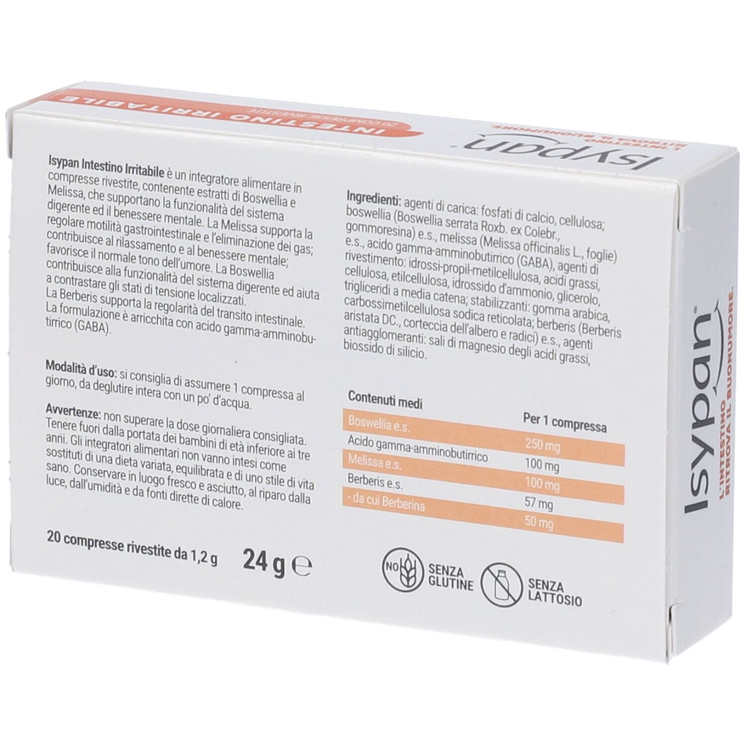 Retro della scatola con ingredienti e dosaggio. Testo: 20 compresse. Senza glutine, senza lattosio.
