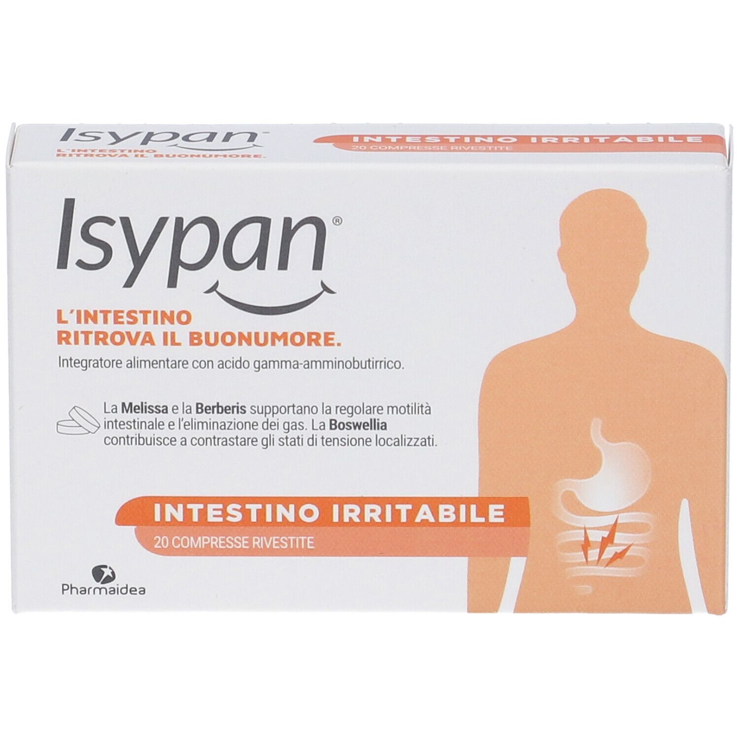 Scatola di compresse Isypan. Testo: Intestino Irritabile. 20 compresse. Marchio e logo visibili.