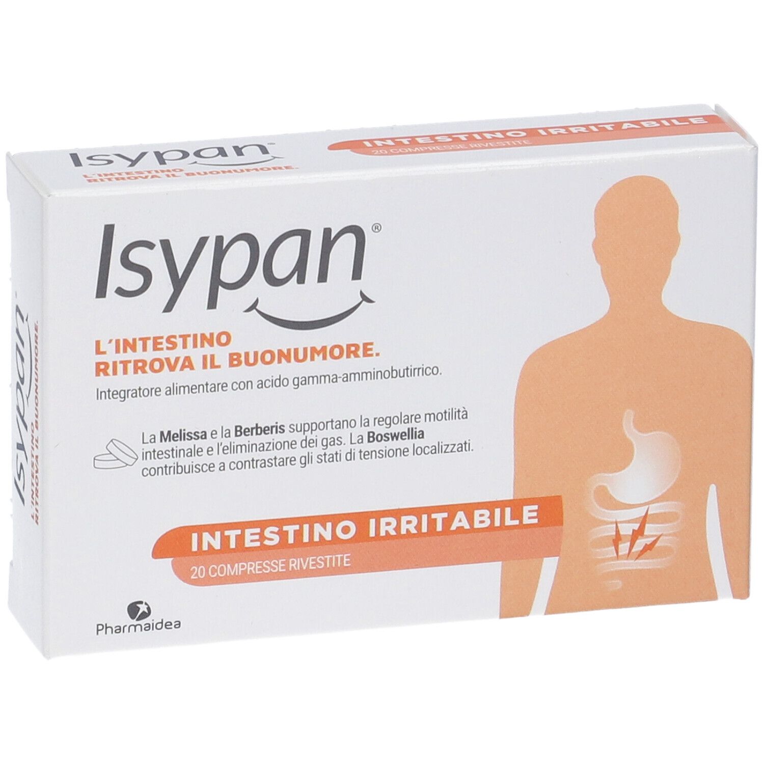 Scatola di compresse Isypan. Testo: Intestino Irritabile. 20 compresse. Marchio e logo visibili.