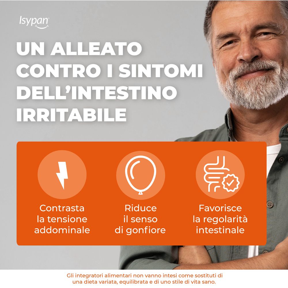 Uomo con testo: Un alleato contro i sintomi dell'intestino irritabile. Simboli di dolore addominale, gonfiore e regolarità.