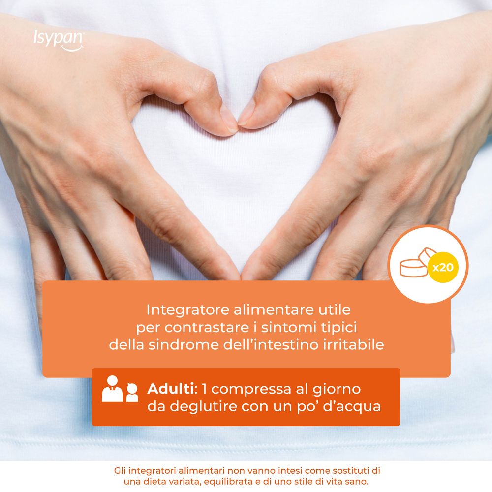 Mani a cuore sul ventre. Testo: Integratore per i sintomi dell'intestino irritabile. Dosaggio: 1 compressa al giorno.