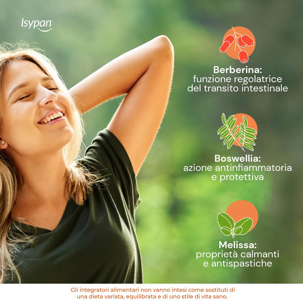 Donna sorridente. Testo: Berberis, funzione intestinale. Boswellia, antinfiammatorio. Melissa, calmante.