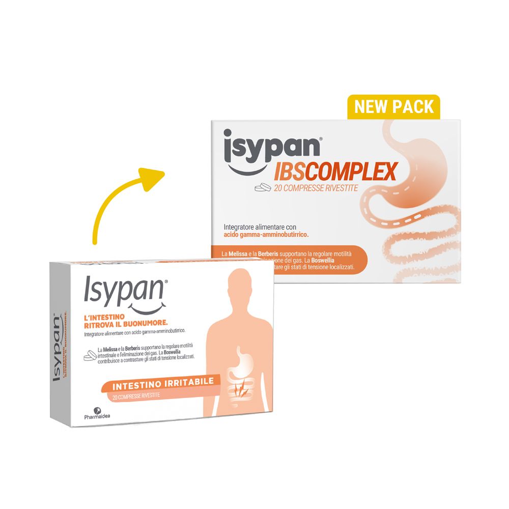 Due confezioni di Isypan IBS Complex. Una con confezione aperta. Testo: IBS Complex, 20 compresse rivestite.