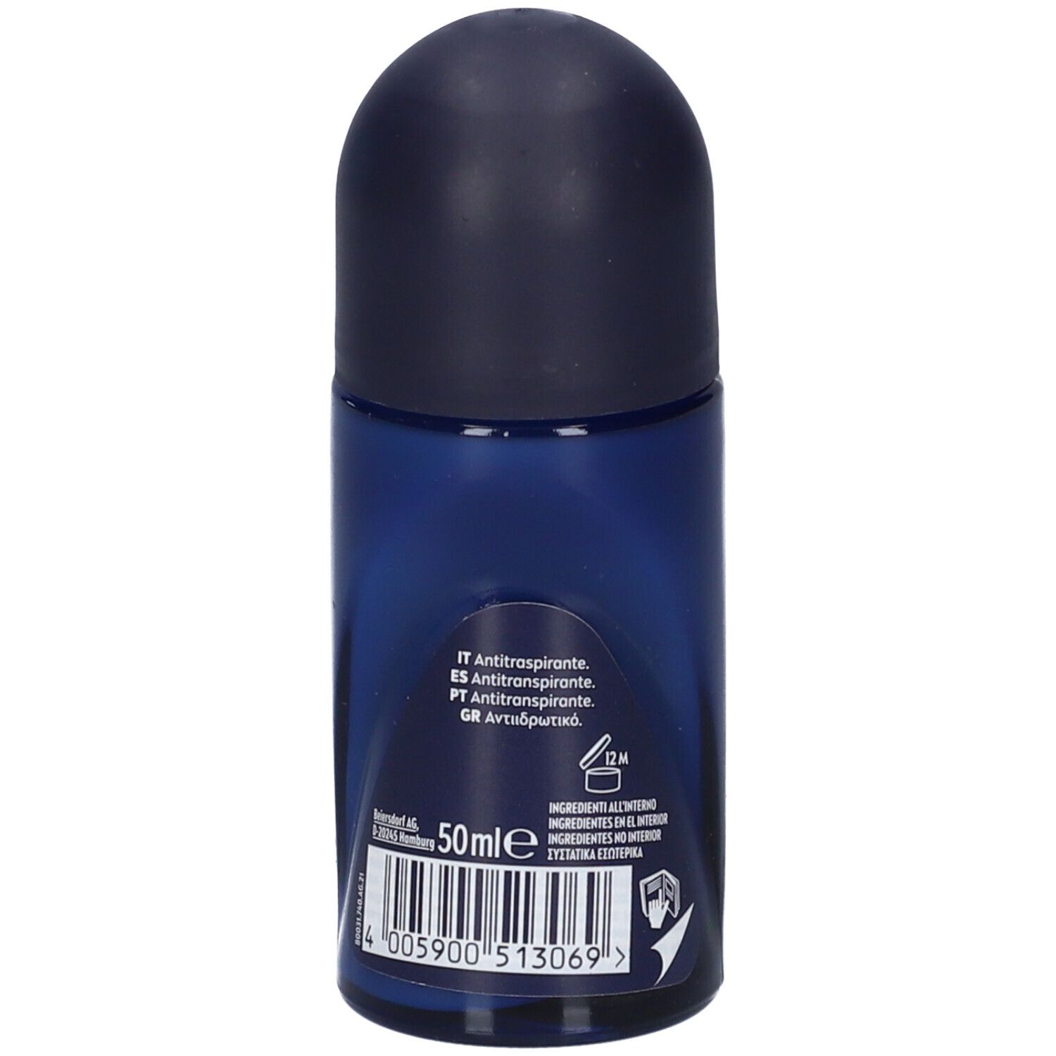 Retro del roll-on deodorante. Contiene informazioni in diverse lingue. Codice a barre e indicazione del volume: 50 ml.