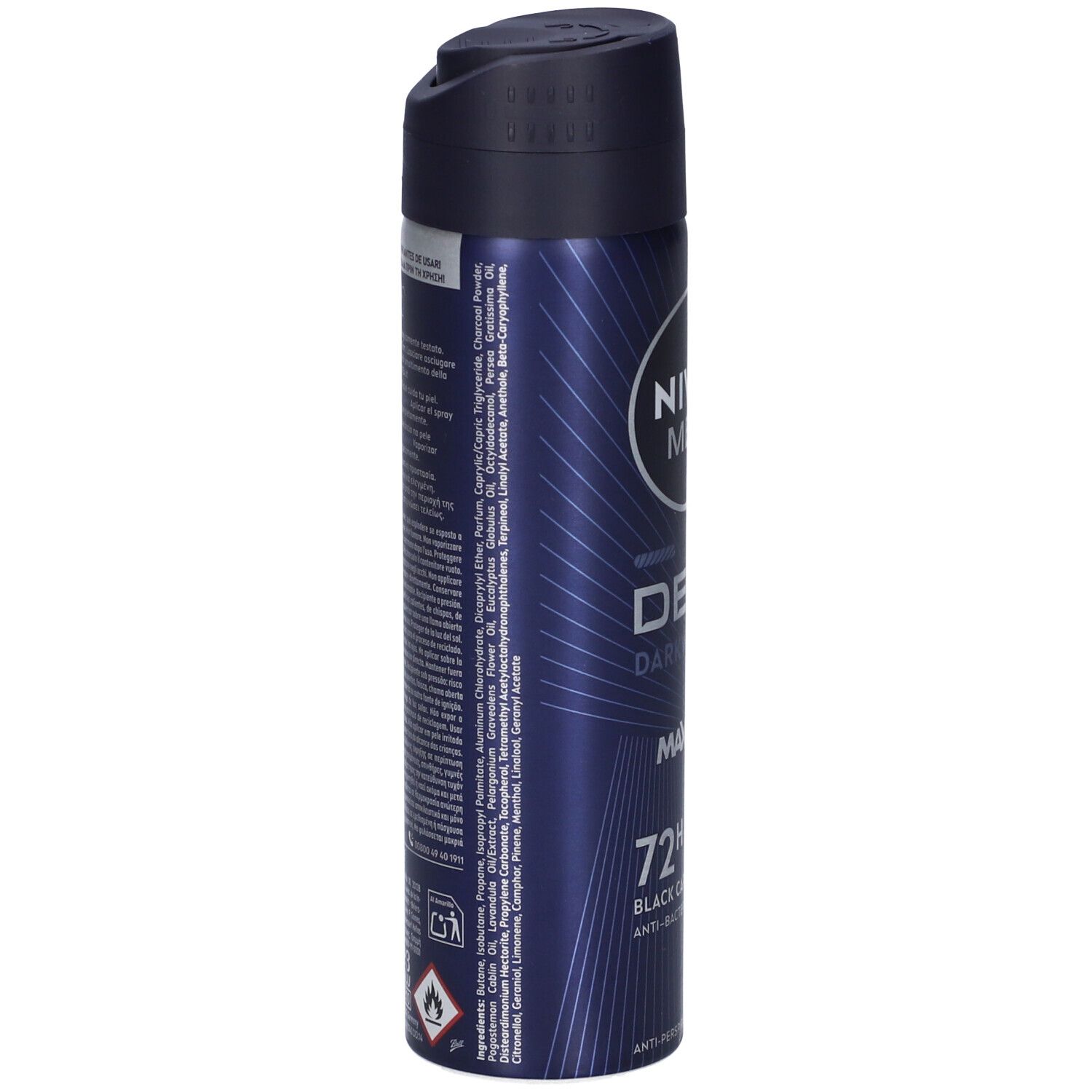 Flacone spray blu scuro. Testo con ingredienti e avvertenze. Tappo nero.