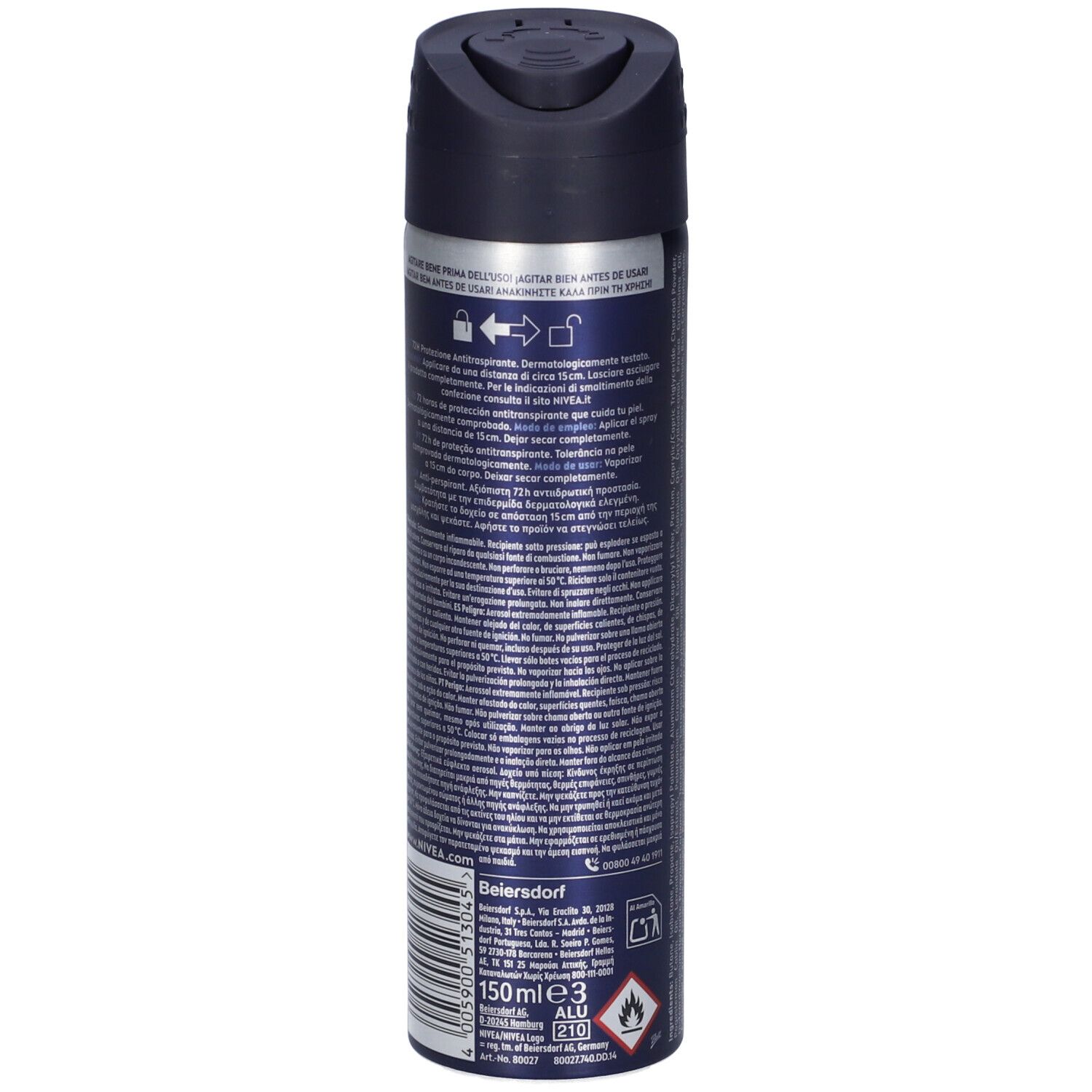 Flacone spray blu scuro. Testo con istruzioni per l'uso e avvertenze. Codice a barre e volume.