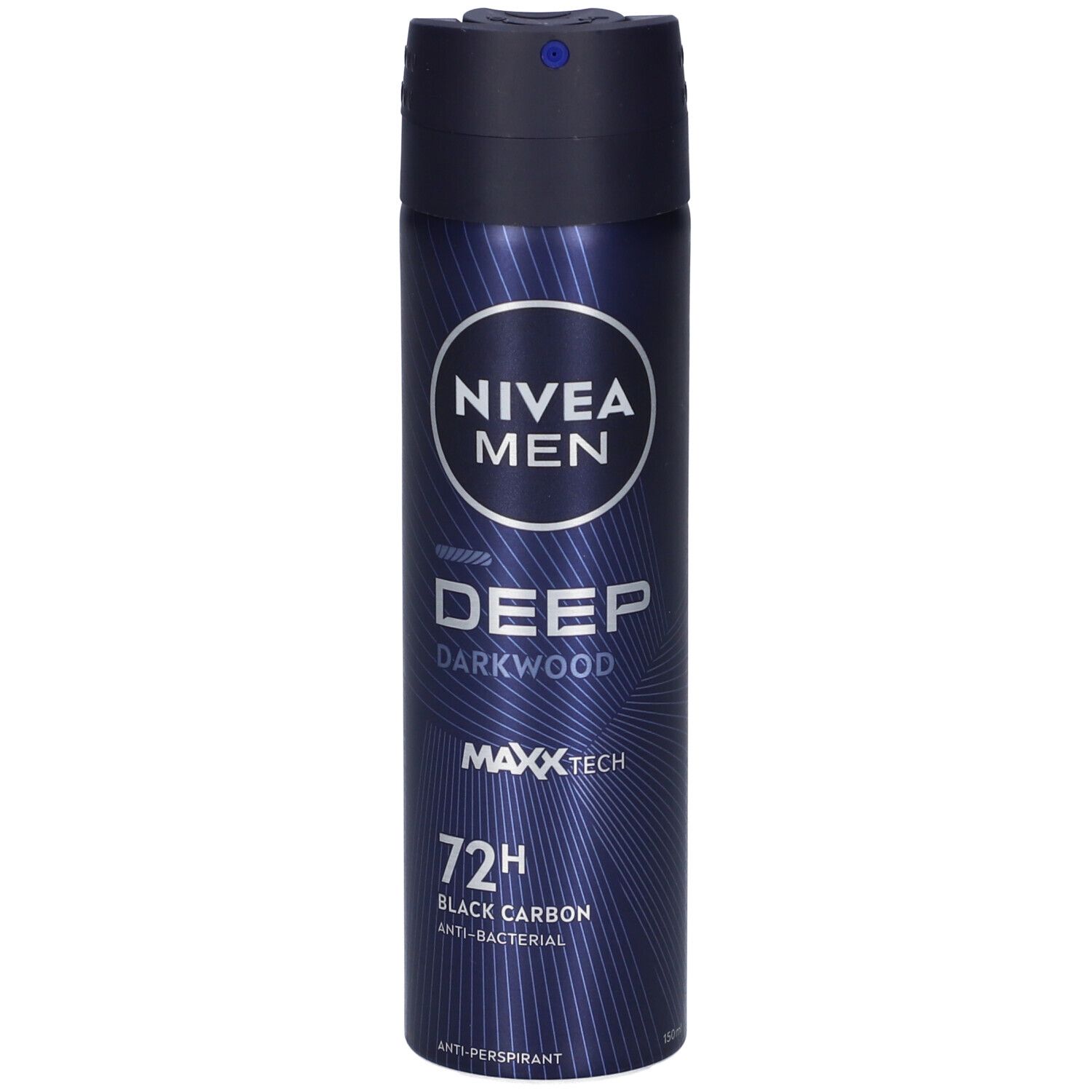 Flacone spray blu scuro. NIVEA MEN DEEP, Darkwood, 72h, Black Carbon. Tappo nero con erogatore.