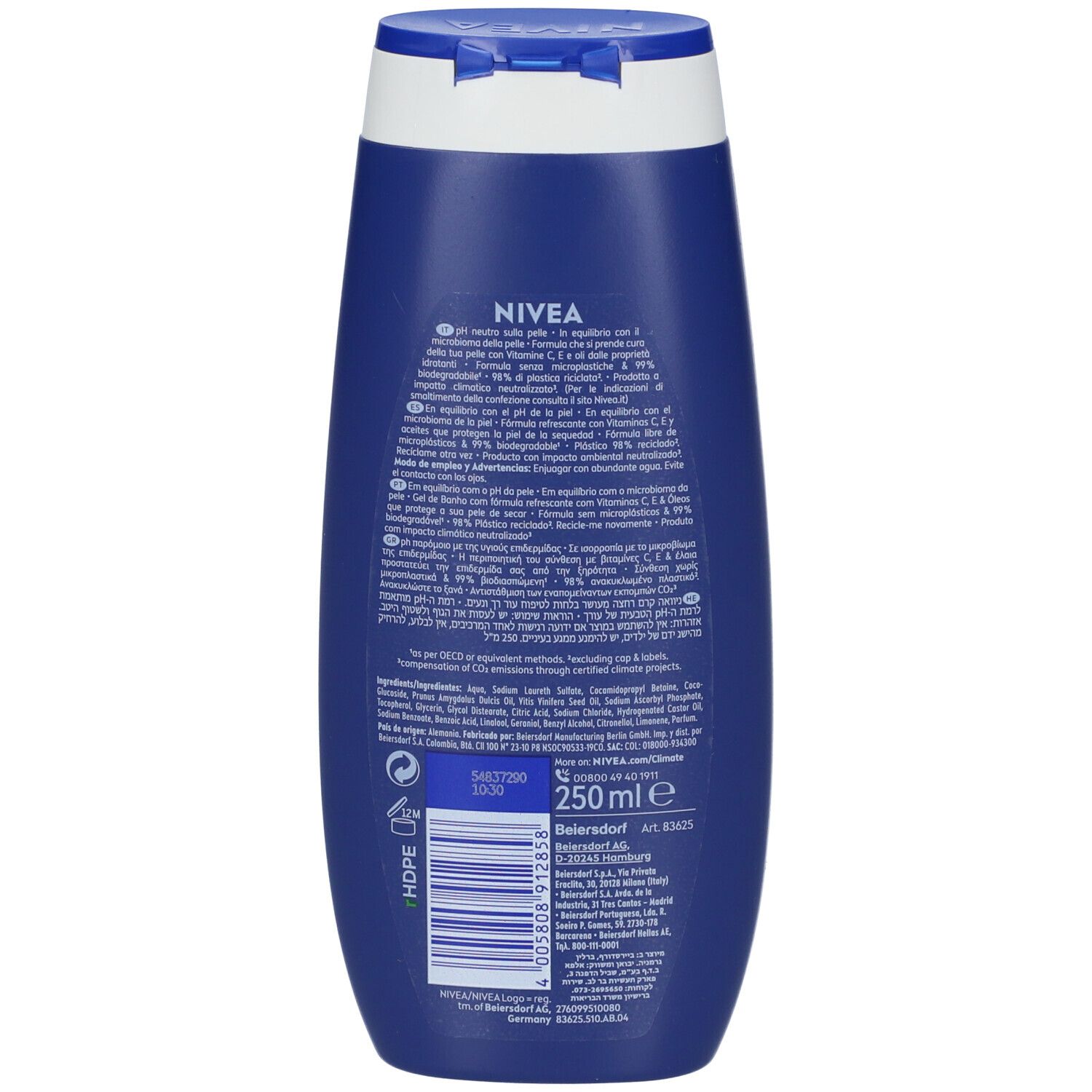 Retro del flacone blu. Testo multilingue. Ingredienti e informazioni del produttore.