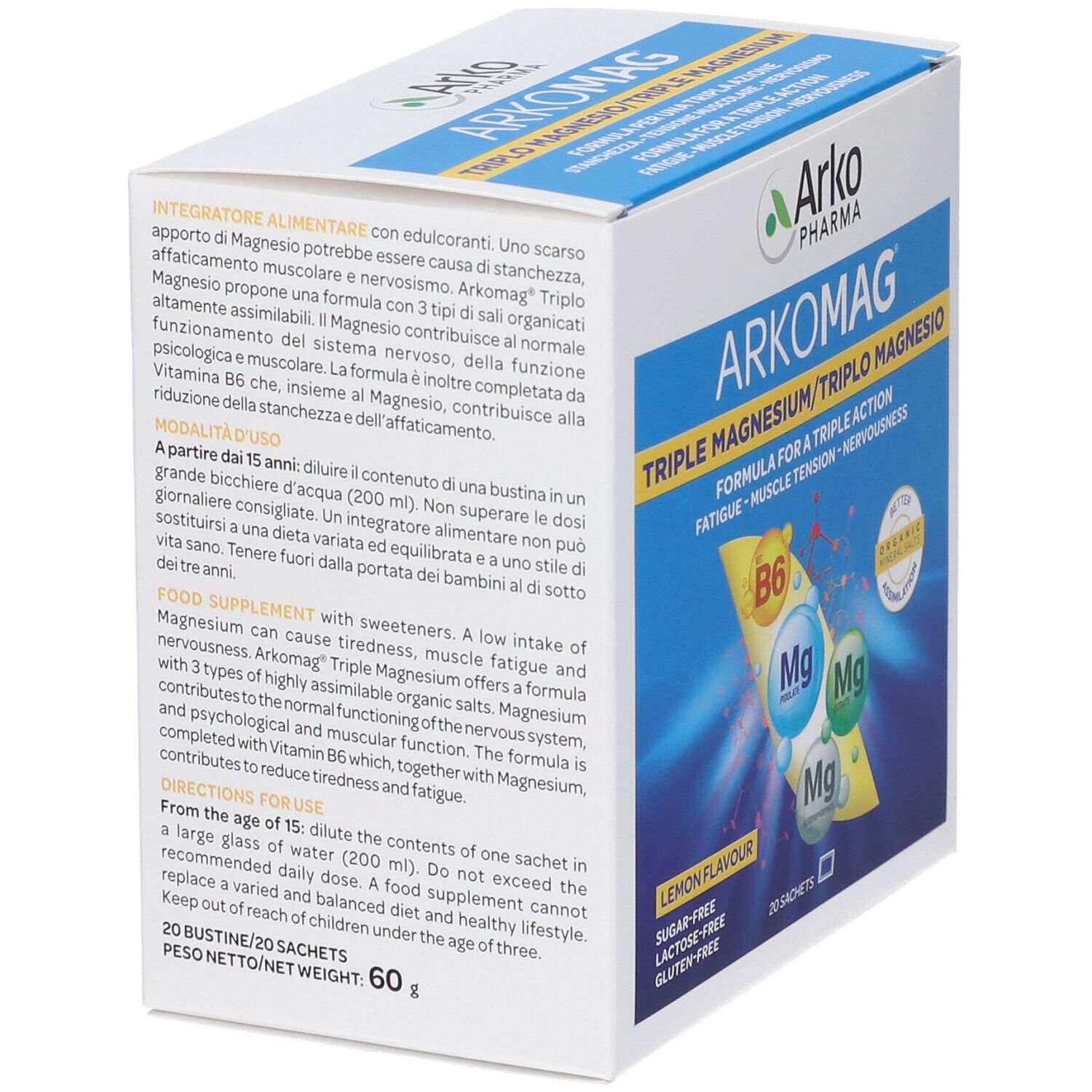 Scatola ArkoMag Triplo Magnesio, vista laterale. Testo: Triple Magnesium, limone, 20 bustine. Contiene B6 e magnesio.