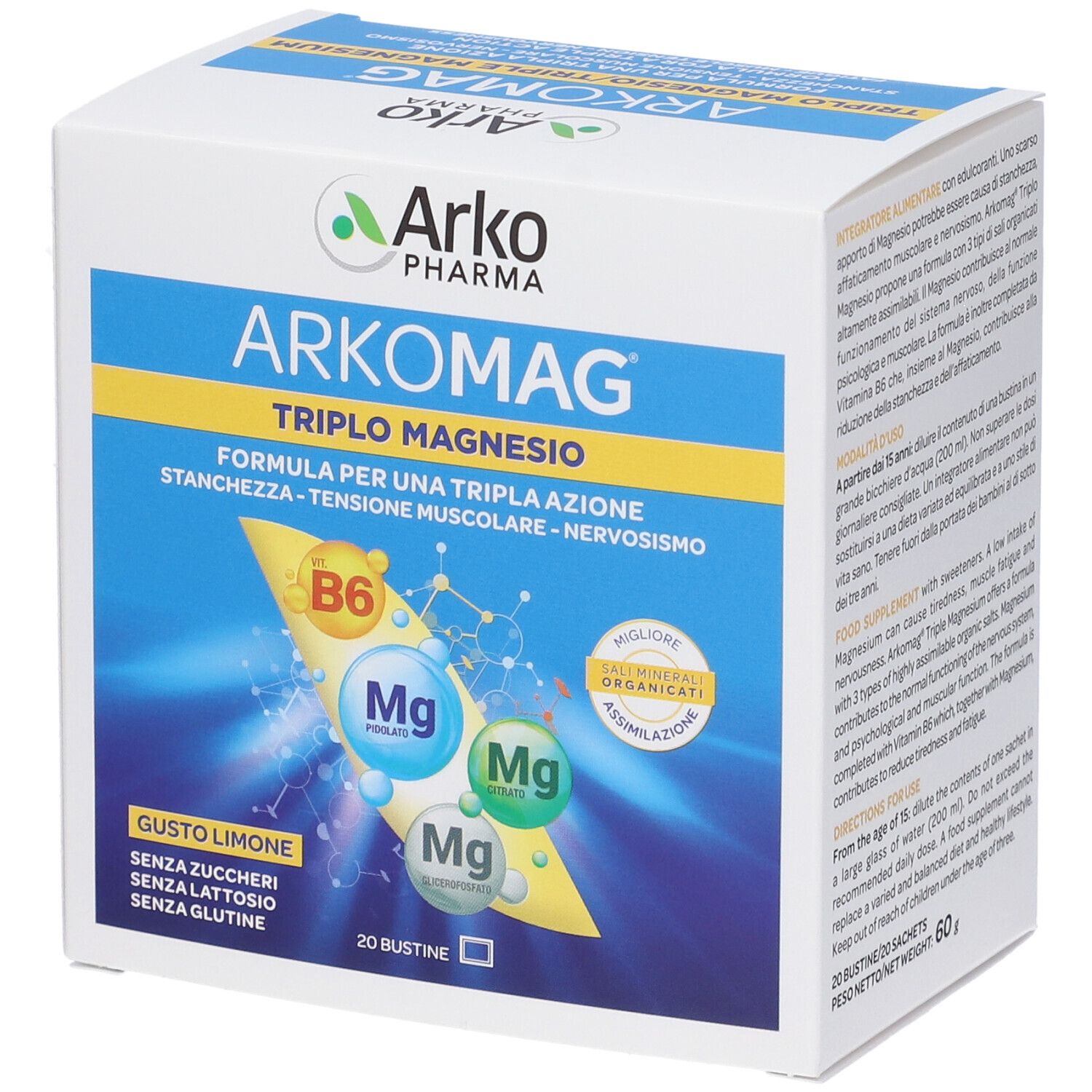 Scatola ArkoMag Triplo Magnesio. Scritto: Triple Magnesium, limone, 20 bustine. Contiene B6 e magnesio. Vista dettagliata.