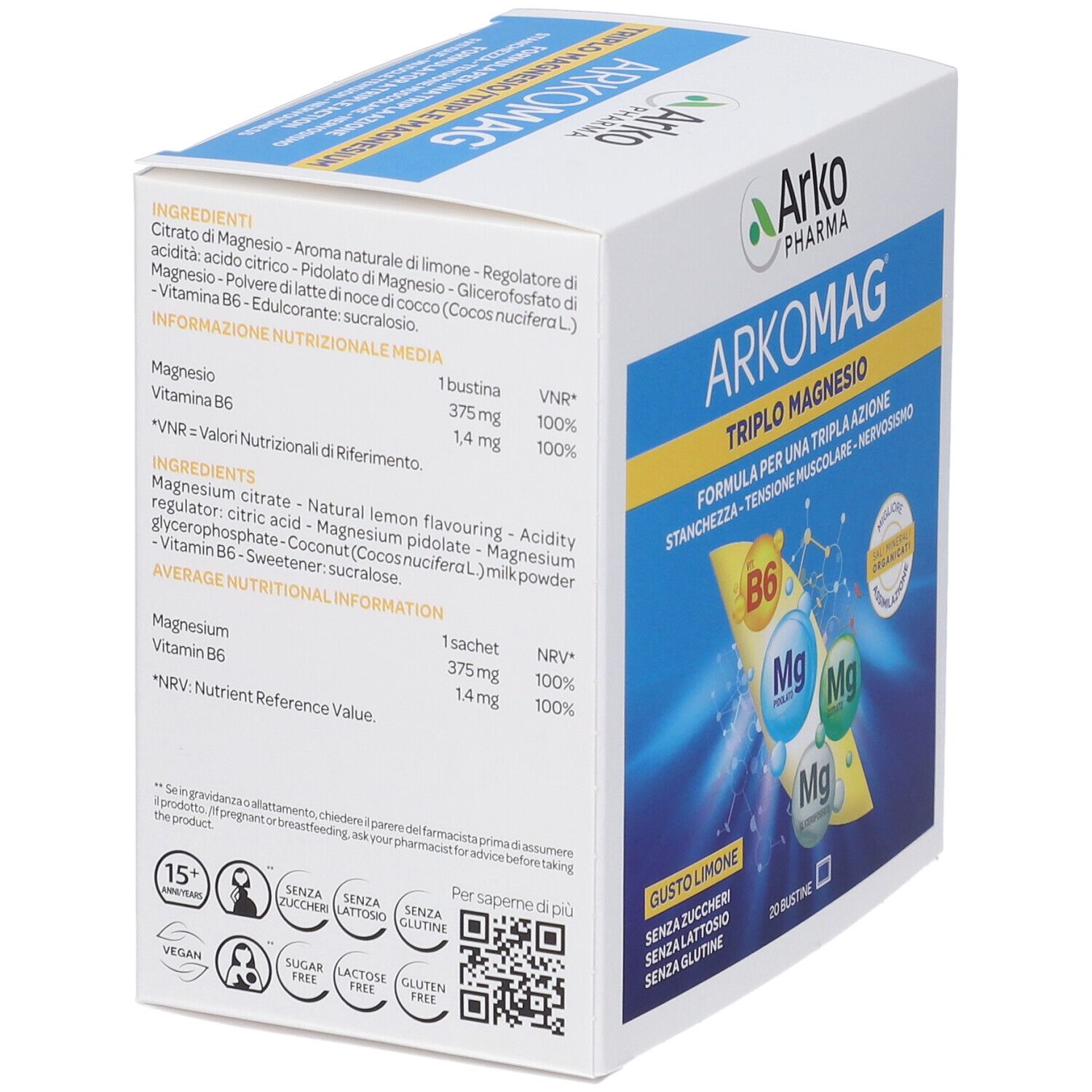 Scatola ArkoMag Triplo Magnesio, vista laterale. Testo: Triple Magnesium, limone, 20 bustine. Contiene B6 e magnesio.