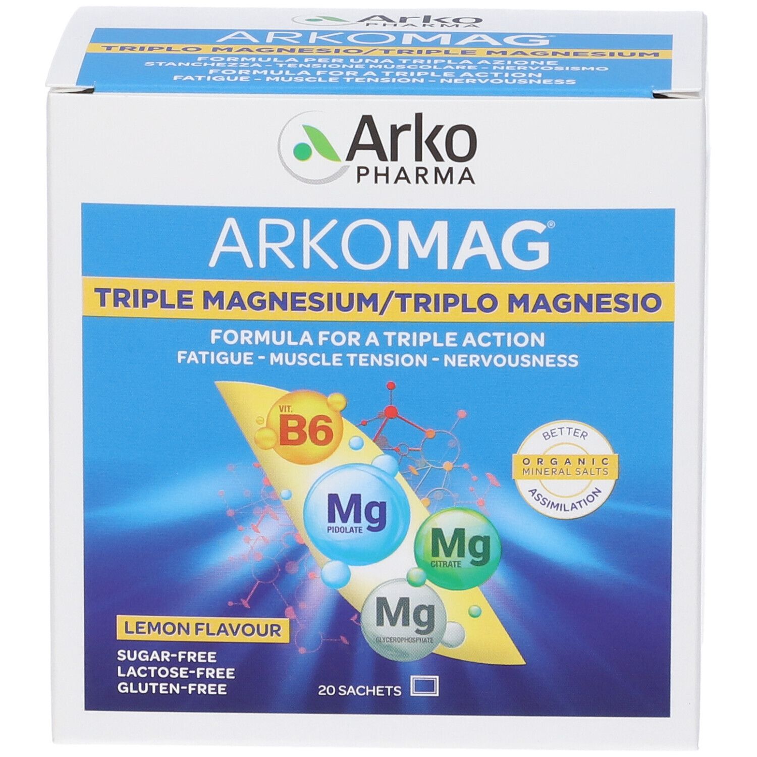 Scatola ArkoMag Triplo Magnesio. Scritto: Triple Magnesium, limone, 20 bustine. Contiene B6 e magnesio.