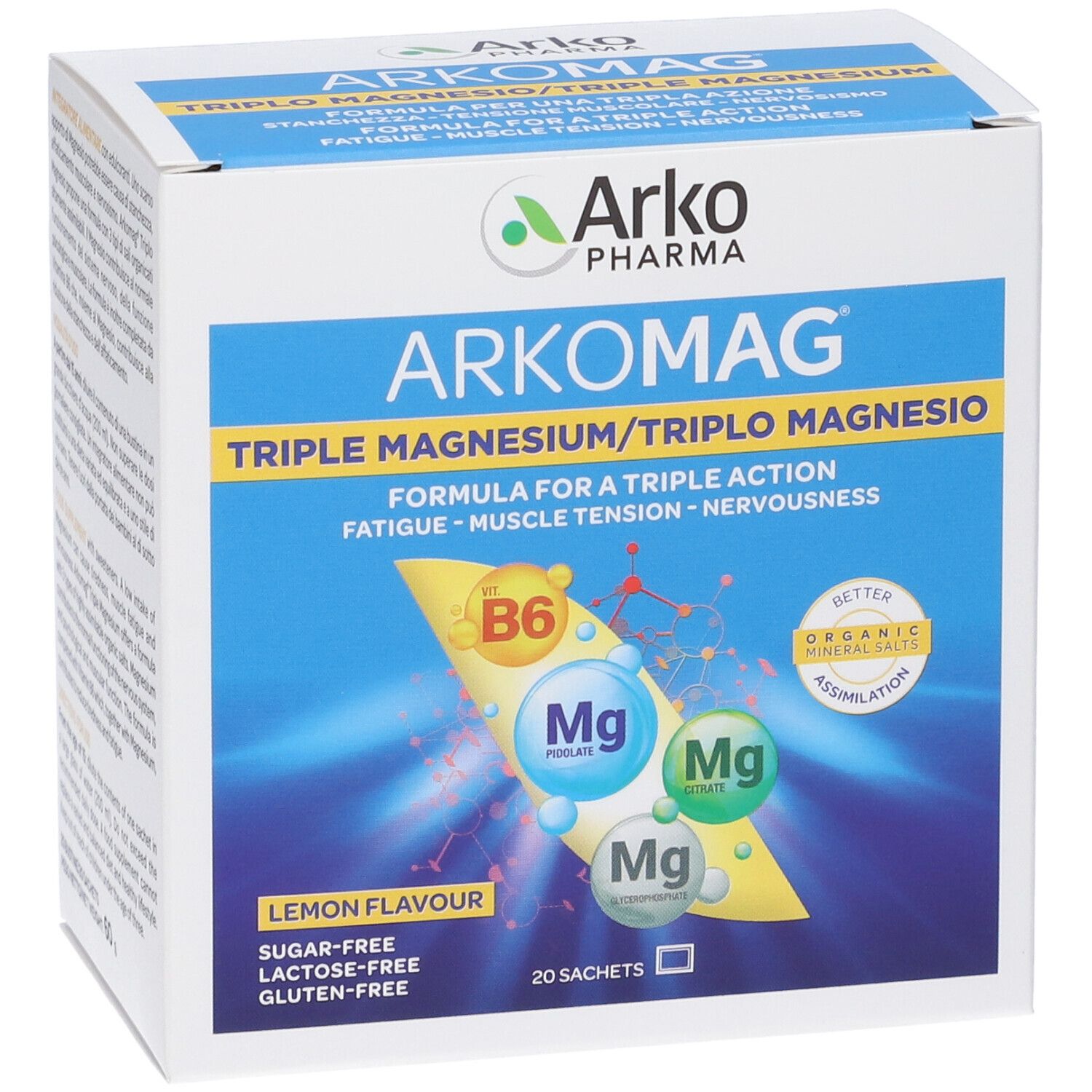 Scatola ArkoMag Triplo Magnesio. Scritto: Triple Magnesium, limone, 20 bustine. Contiene B6 e magnesio.