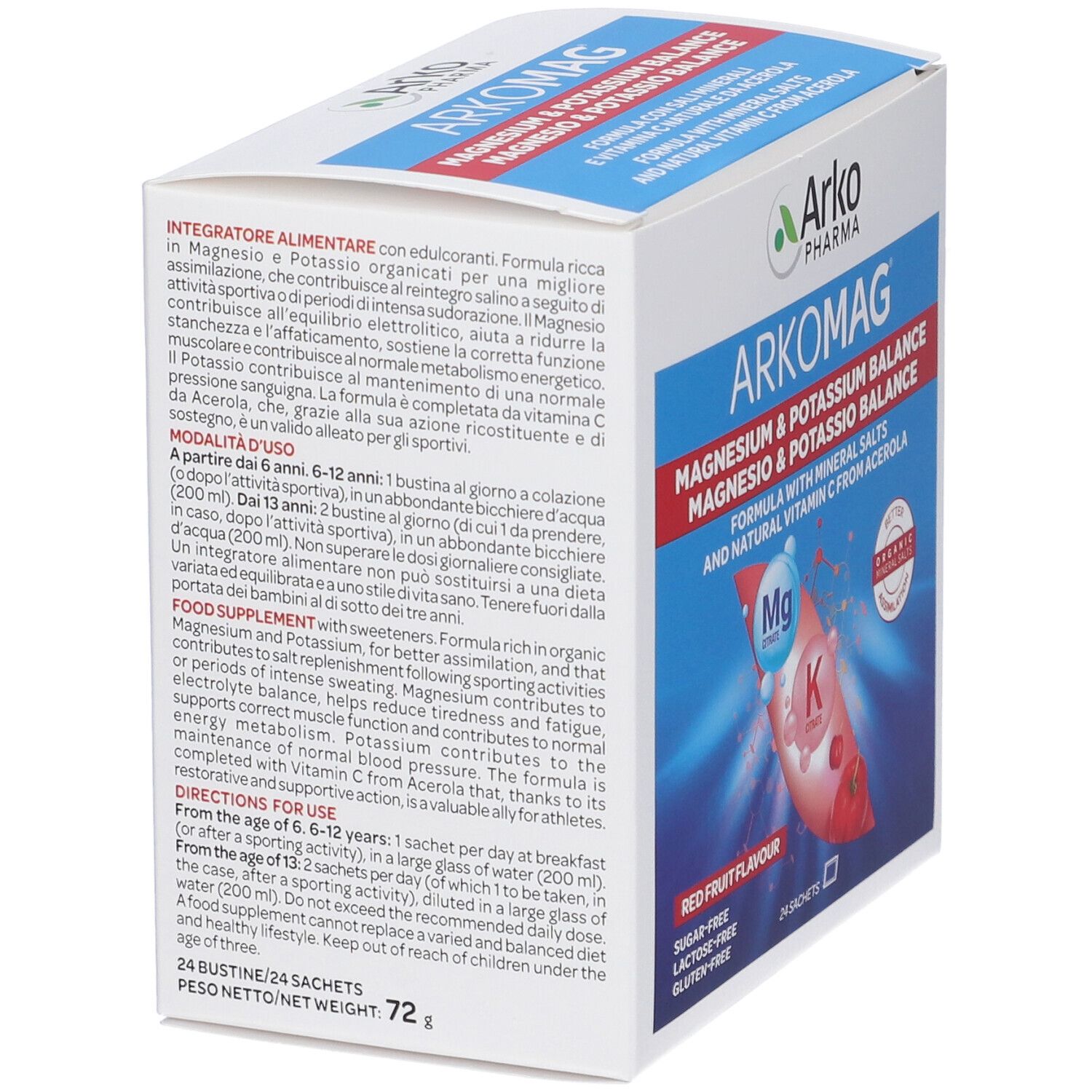 Confezione ArkoMag. Contiene 24 bustine. Equilibrio magnesio e potassio. Gusto frutti rossi. Testo sulla confezione.