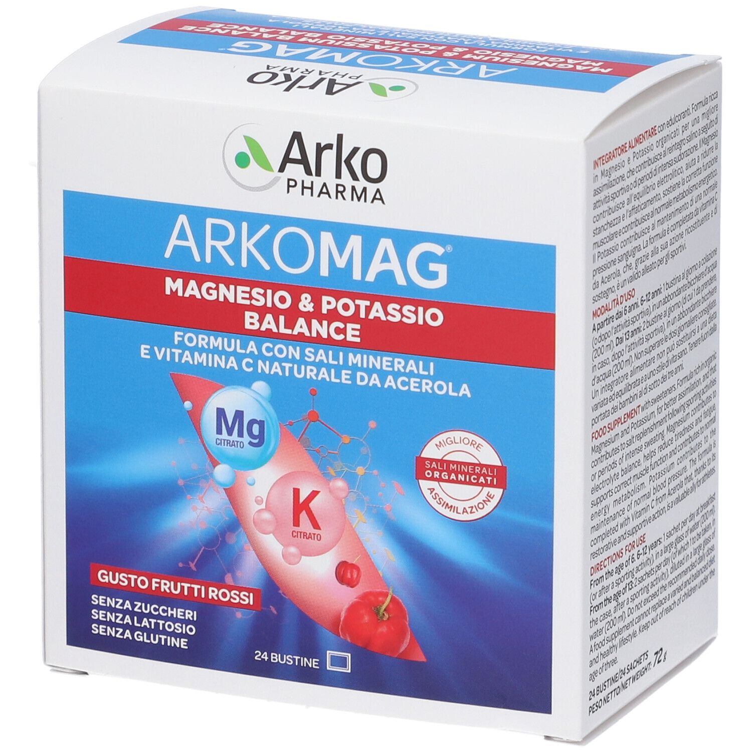 Confezione ArkoMag. Contiene 24 bustine. Equilibrio magnesio e potassio. Gusto frutti rossi. Testo sulla confezione.
