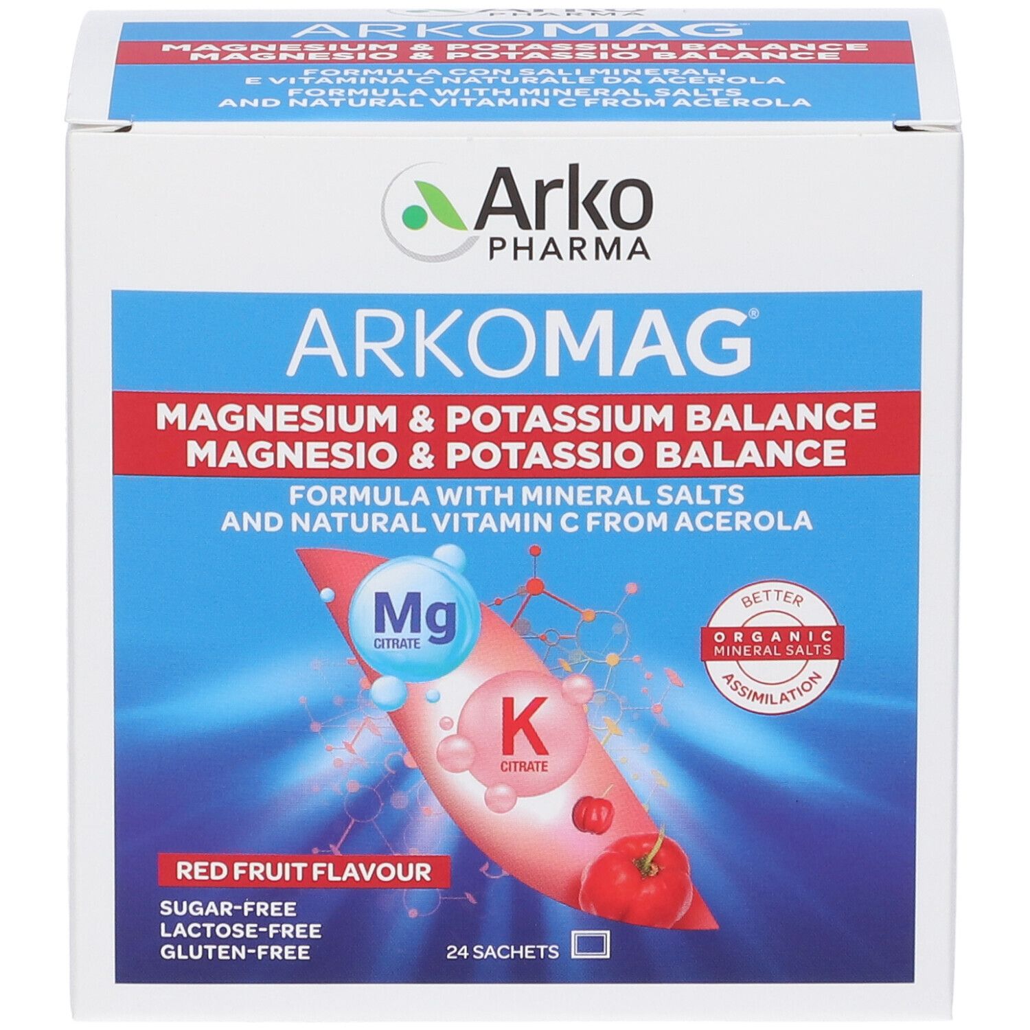 Confezione ArkoMag. Contiene 24 bustine. Equilibrio magnesio e potassio. Gusto frutti rossi. Senza zucchero, lattosio e glutine.