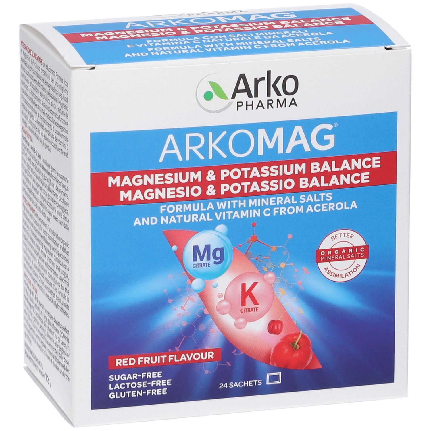 Confezione ArkoMag. Contiene 24 bustine. Equilibrio magnesio e potassio. Gusto frutti rossi. Senza zucchero, lattosio e glutine.