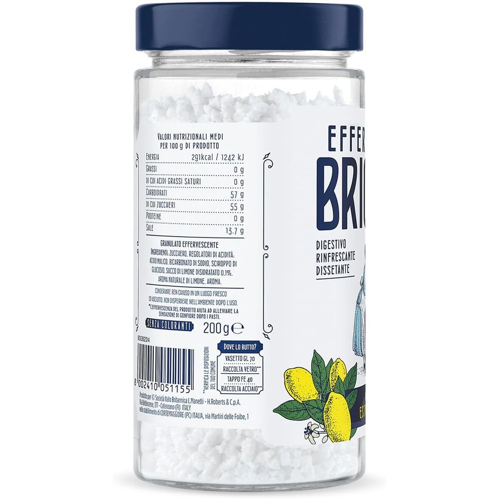 Retro del barattolo di vetro. Contiene informazioni nutrizionali e testo. Scritta: Effervescente Brioschi.