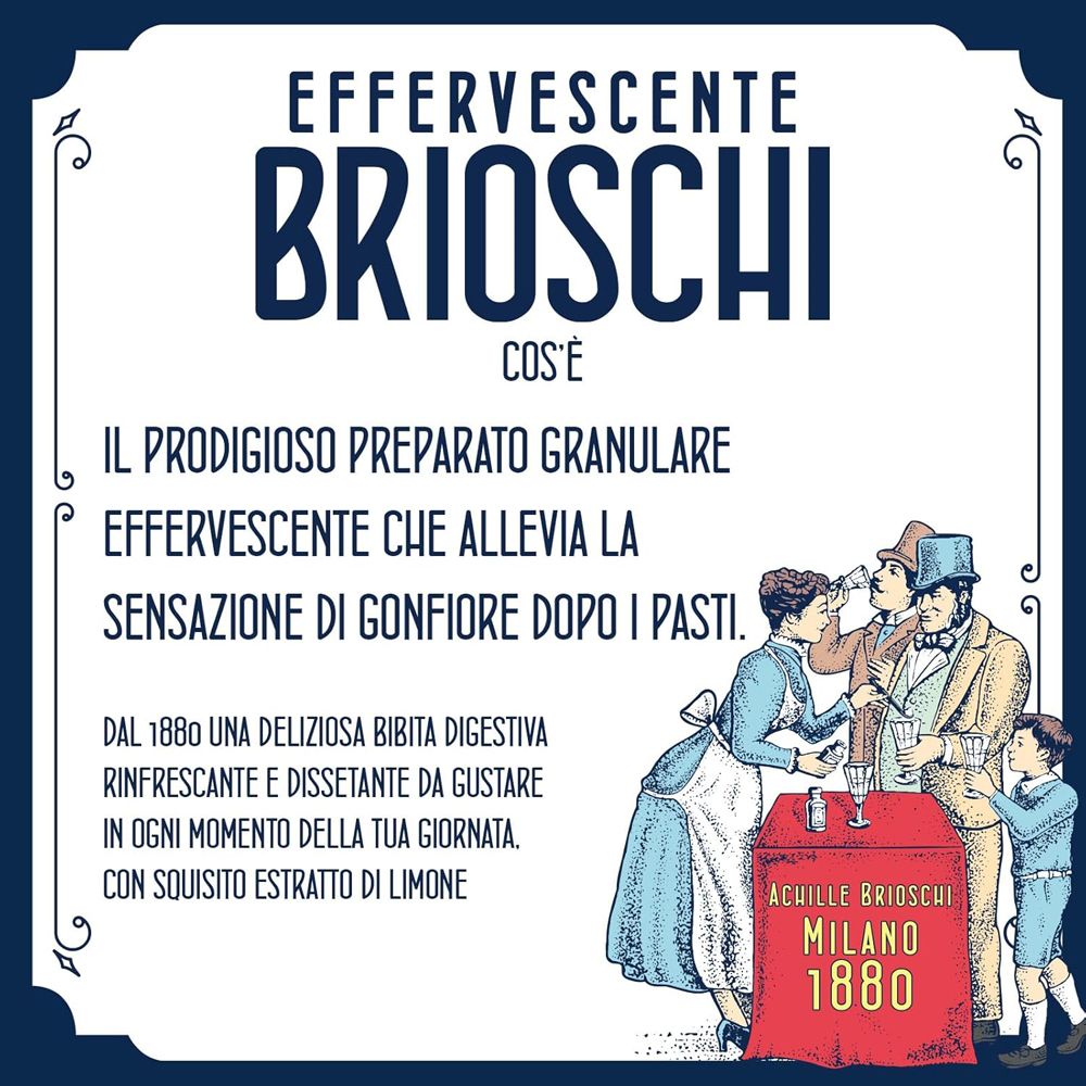 Grafica con testo: Effervescente Brioschi. Illustrazione con persone. Testo sull'effetto dopo i pasti.