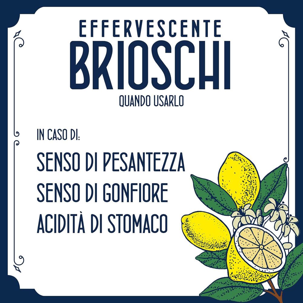 Grafica con testo: Effervescente Brioschi. Testo sull'uso in caso di pesantezza, gonfiore e acidità.