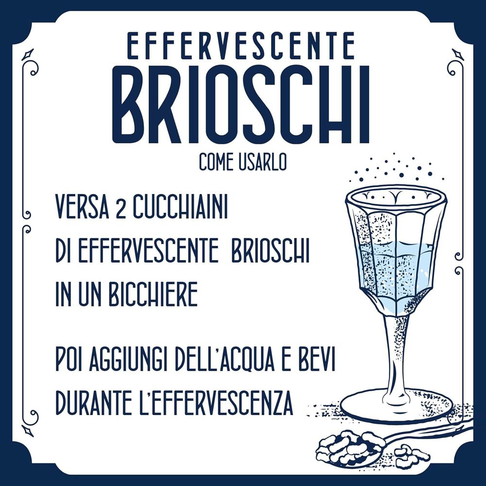 Grafica con testo: Effervescente Brioschi. Illustrazione di un bicchiere. Istruzioni per l'uso.