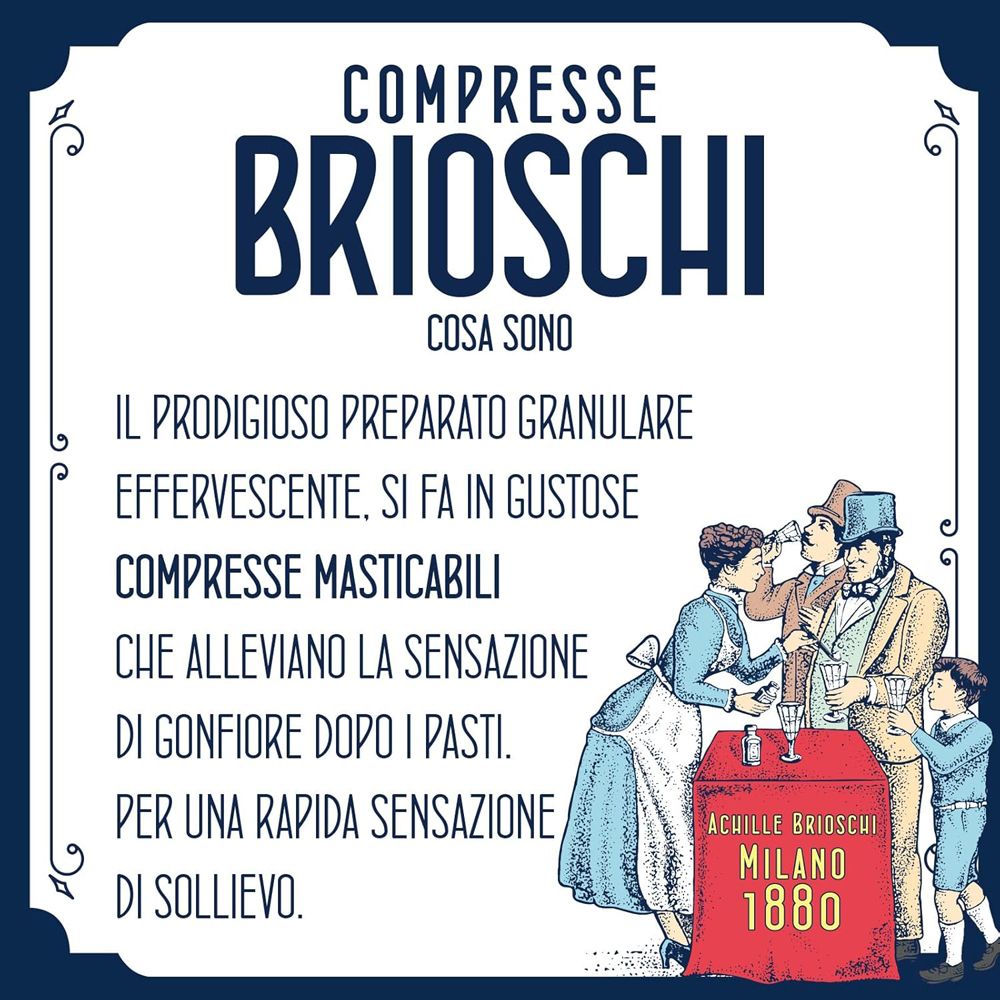 Grafica con testo: Compresse Brioschi. Testo che spiega cosa è il prodotto. Illustrazione con persone.