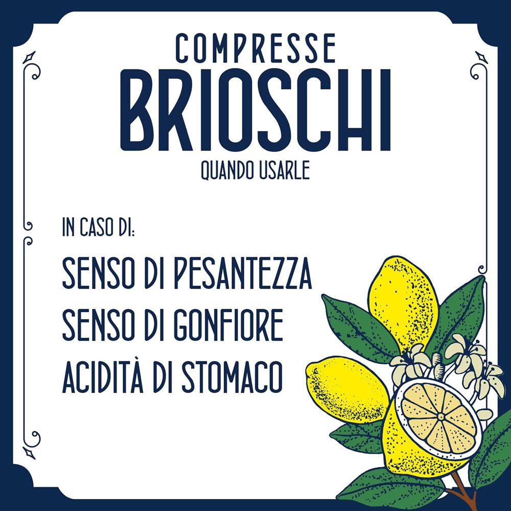 Grafica con testo: Compresse Brioschi. Testo che spiega quando usare il prodotto. Illustrazione con limoni.