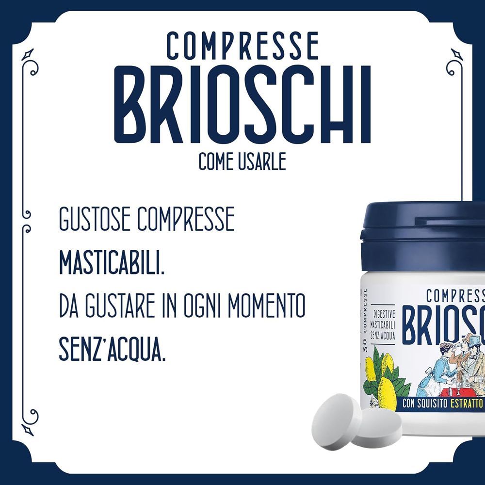 Grafica con testo: Compresse Brioschi. Testo che spiega come usare il prodotto. Immagine del prodotto.