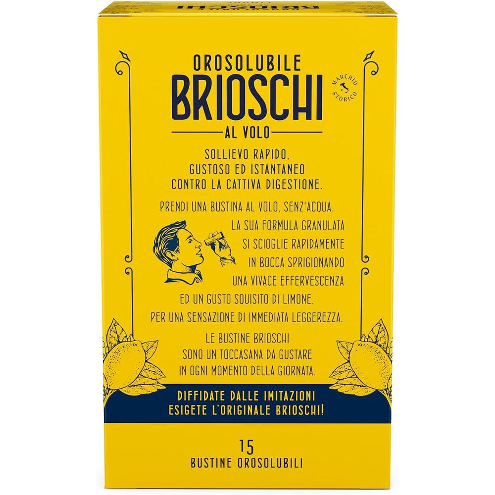 Scatola gialla con nome del prodotto e testo. Contiene 15 bustine. Testo: Orosolubile Brioschi al volo. Aiuta la digestione.