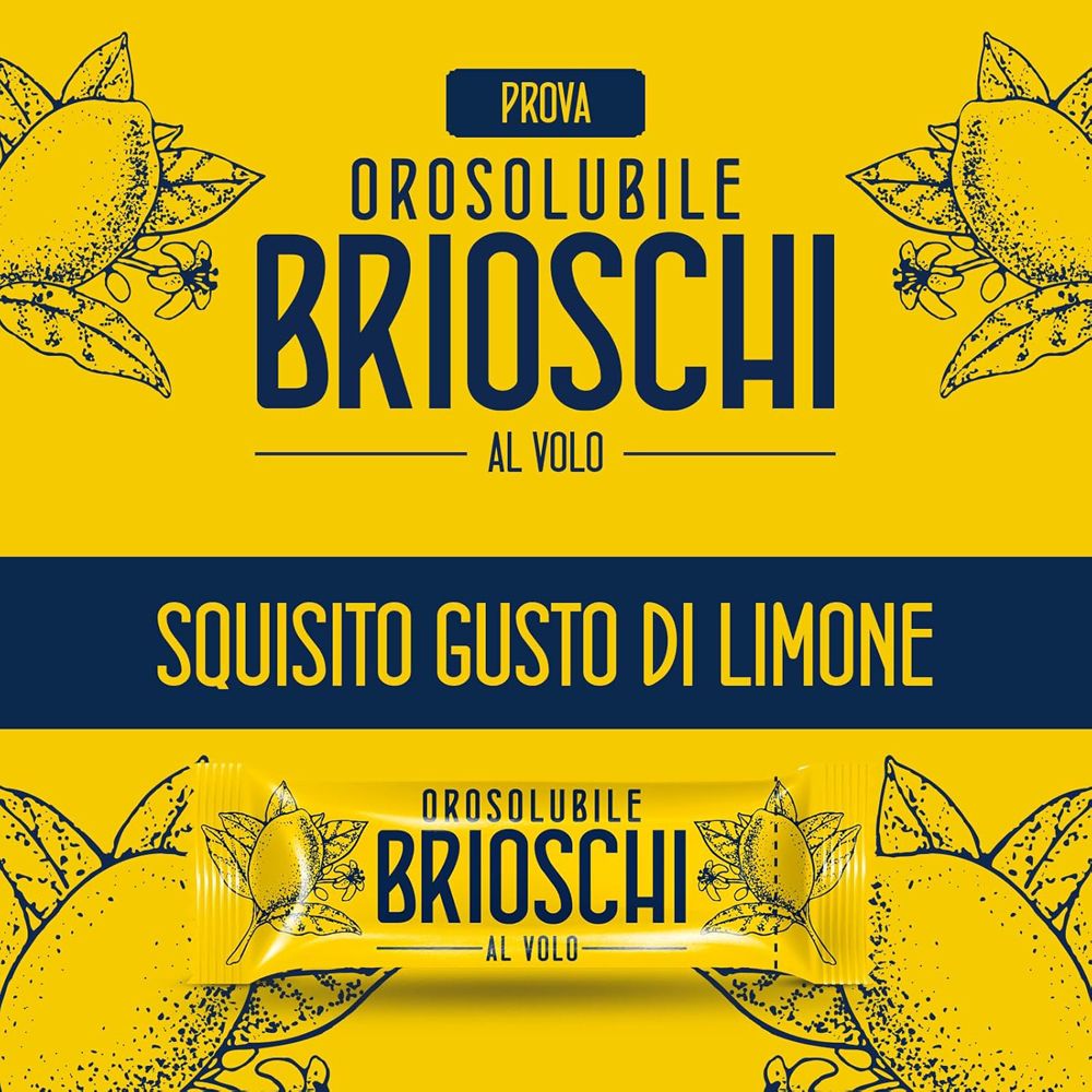 Sfondo giallo con nome del prodotto e limone. Bustine singole con nome del prodotto. Testo: Orosolubile Brioschi al volo.