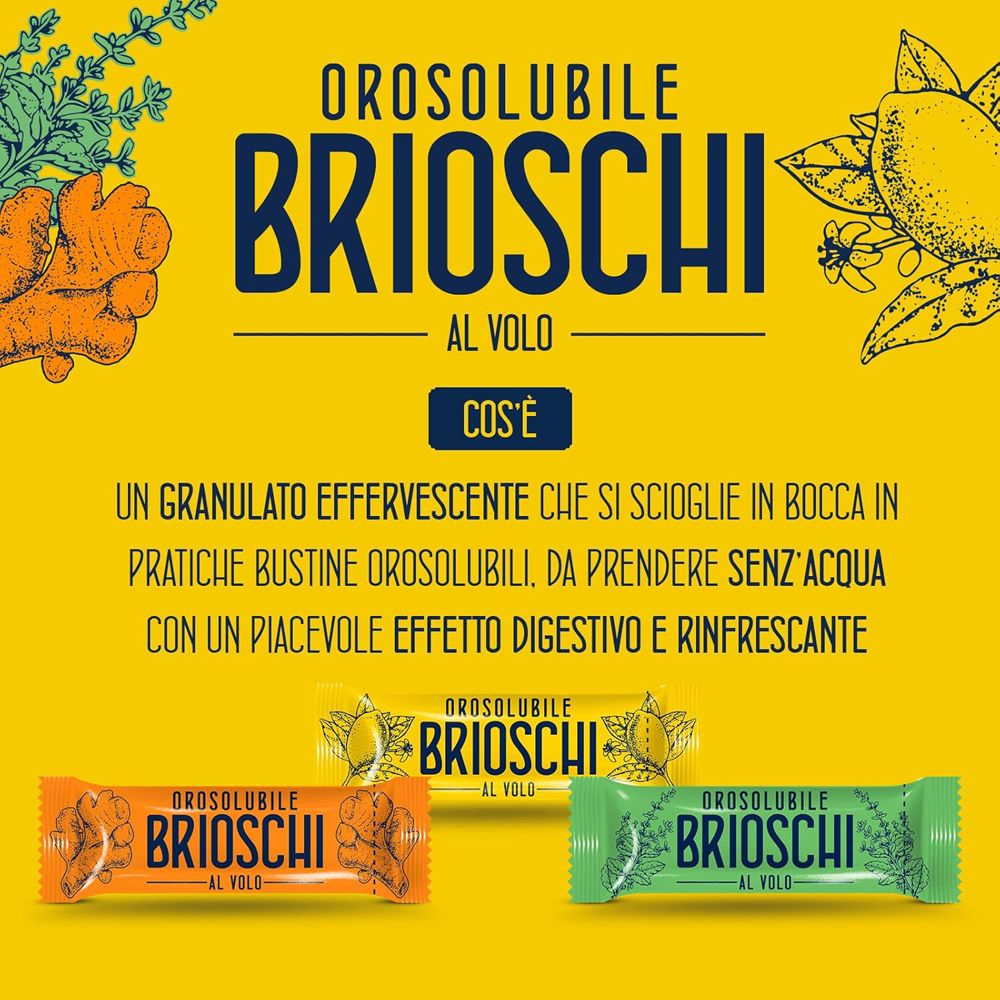 Sfondo giallo con nome del prodotto e bustine. Testo: Orosolubile Brioschi al volo. Diversi gusti.