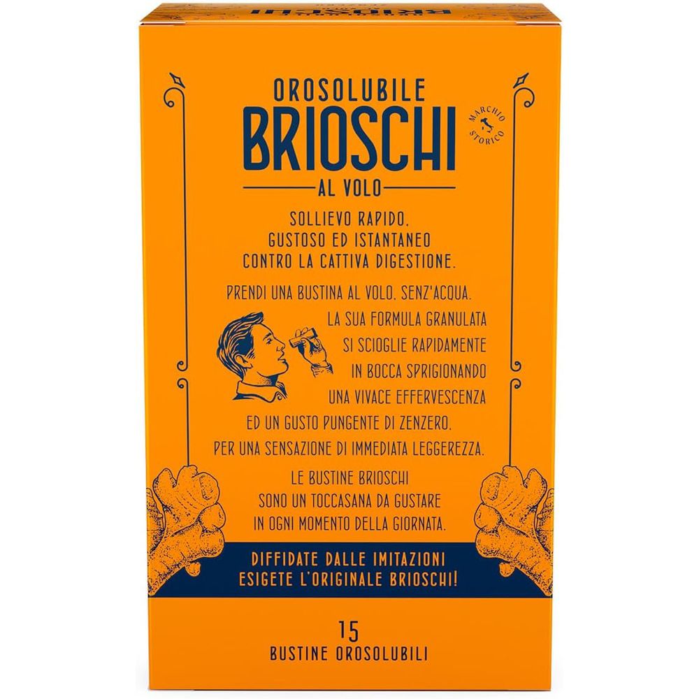 Scatola arancione con testo: Orosolubile Brioschi al volo. Testo sulle proprietà del prodotto. 15 Bustine.