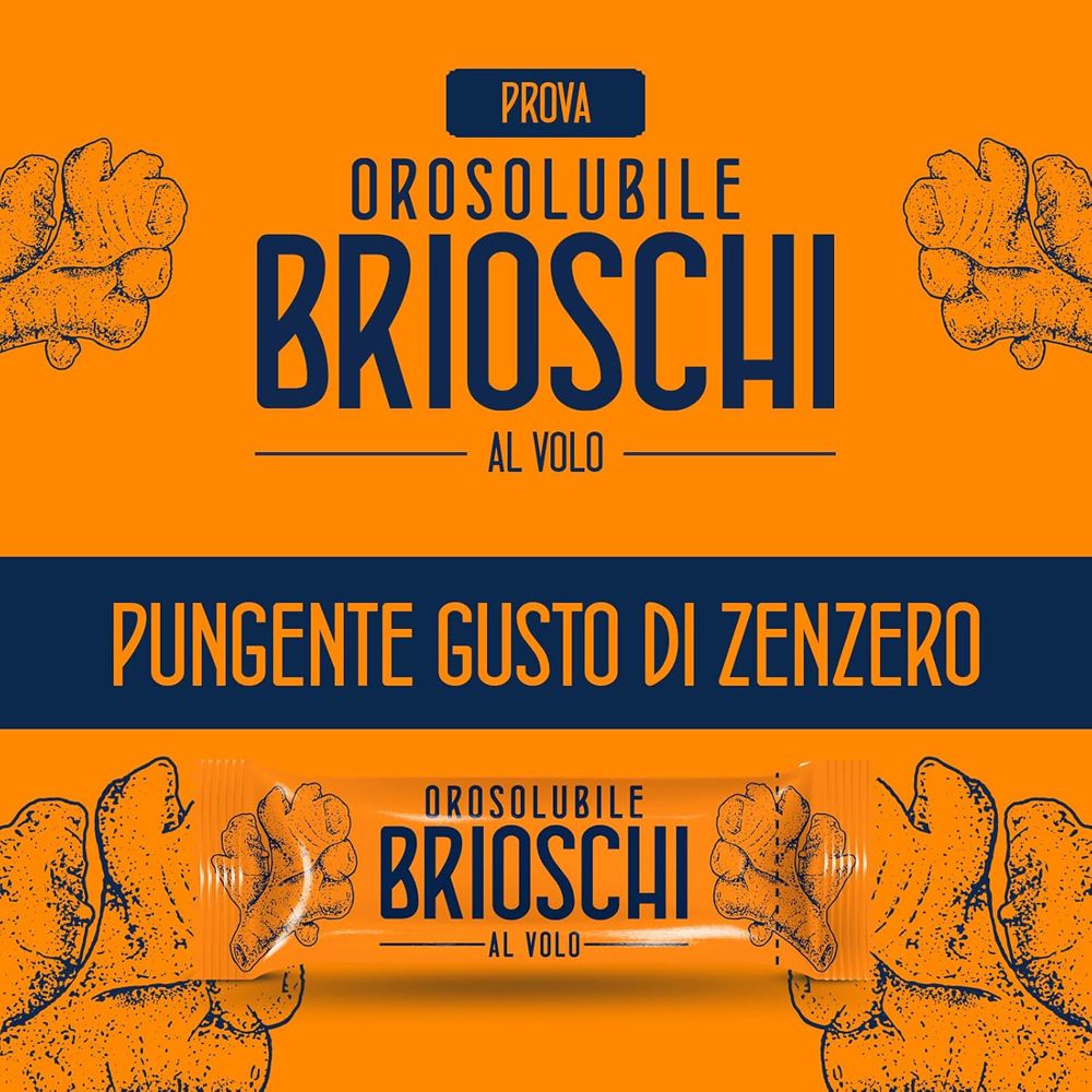 Sfondo arancione con testo: Orosolubile Brioschi al volo. Confezione singola del prodotto. Testo: Pungente gusto di Zenzero.