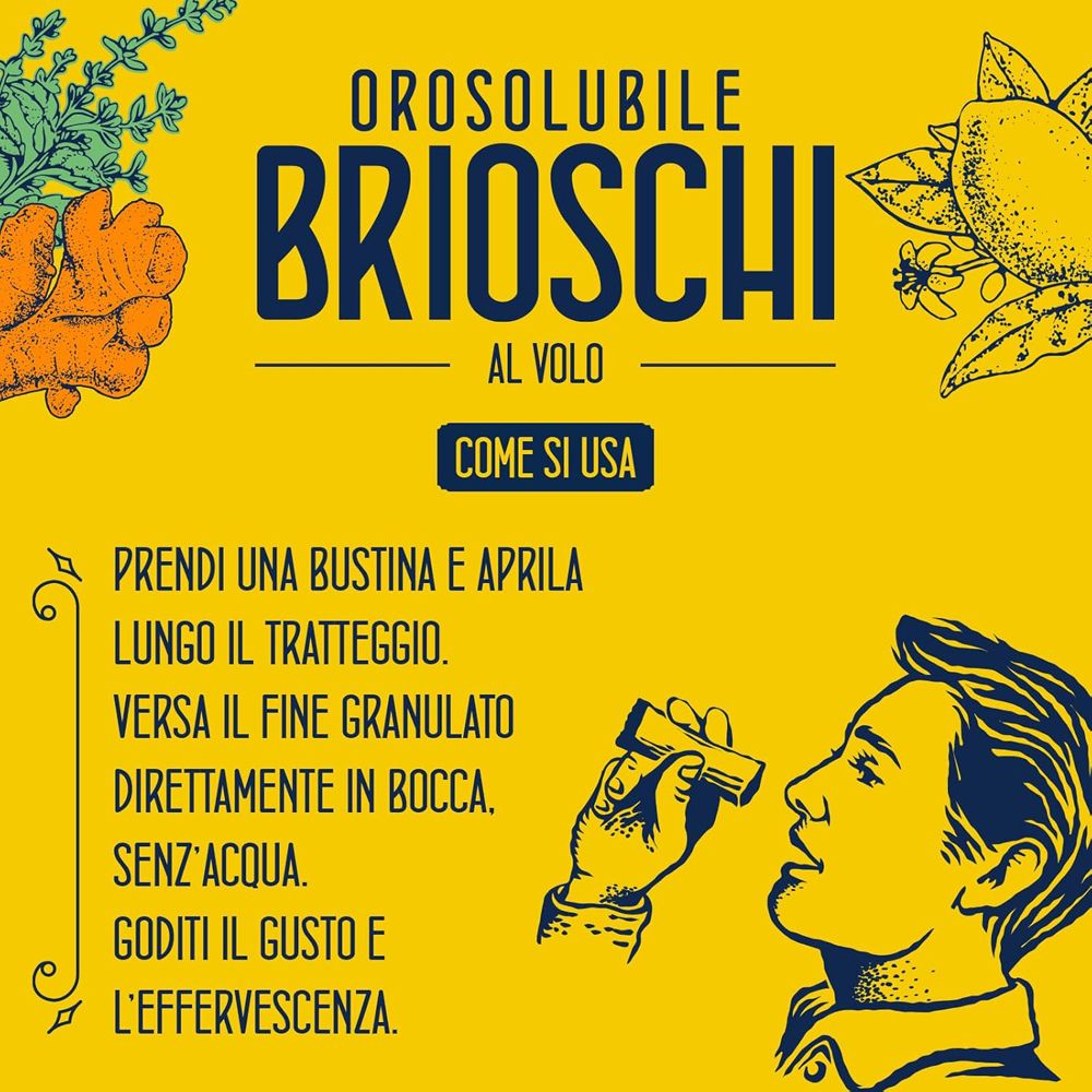 Sfondo giallo con testo e illustrazione. Testo: Orosolubile Brioschi al volo. Illustrazione di una persona che apre una bustina.
